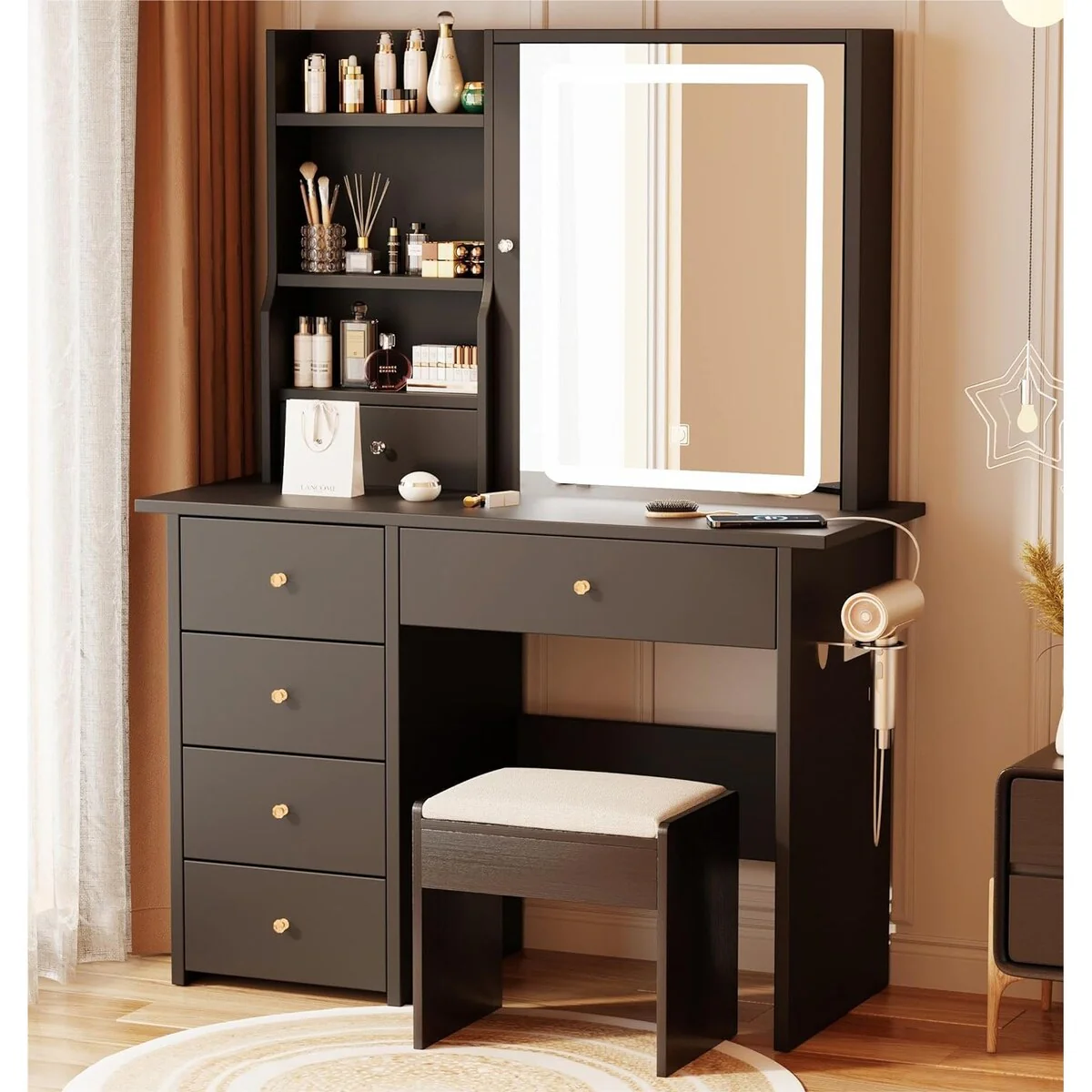 XINMICS Makeup Vanity Desk with Mirror and Lights & Charging Station