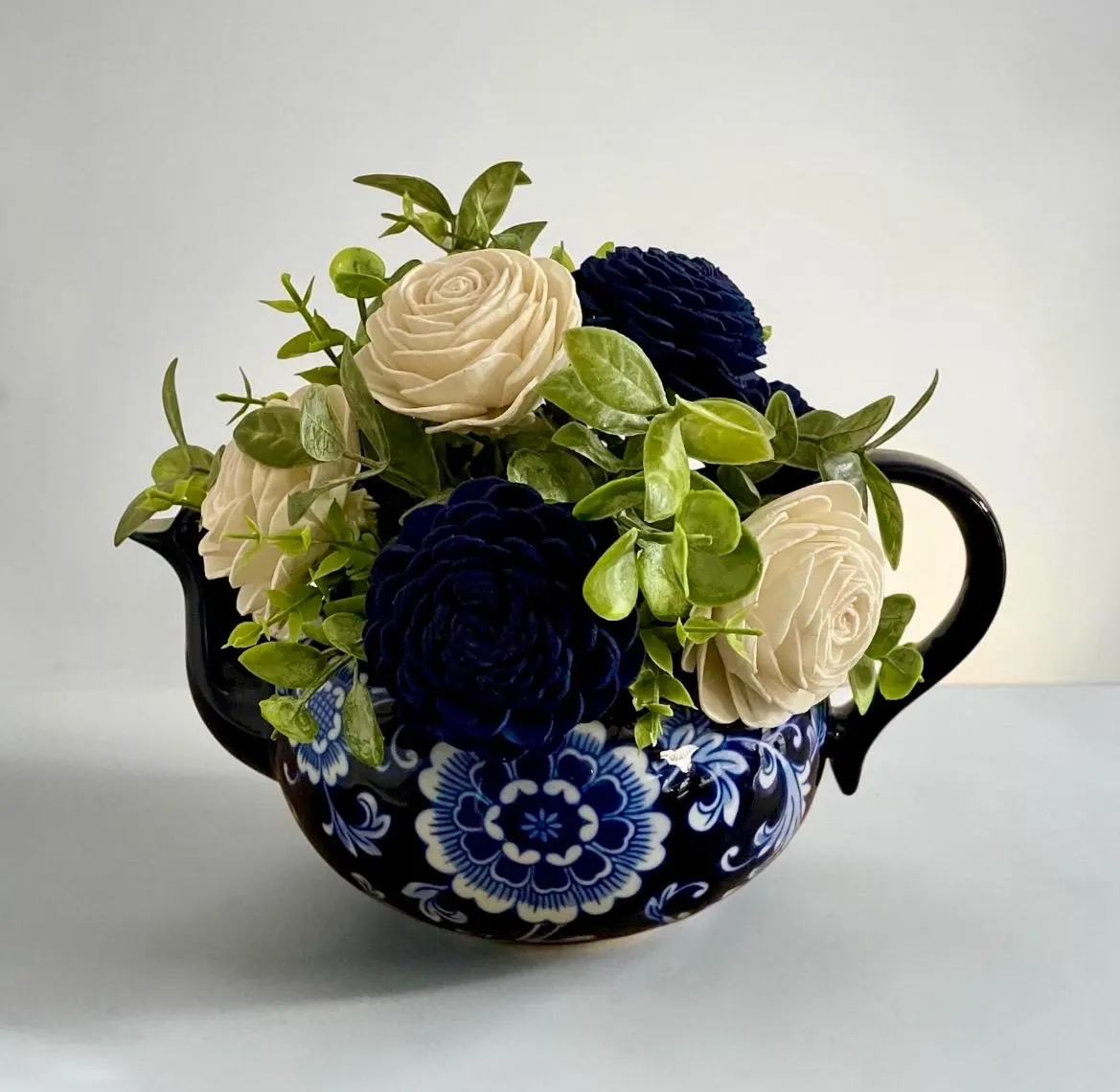 Sola Wood Flower Arrangement, Blue and White Teapot Centerpiece, Handmade Forever Flowers, Rustic Home Decor, Faux Flower