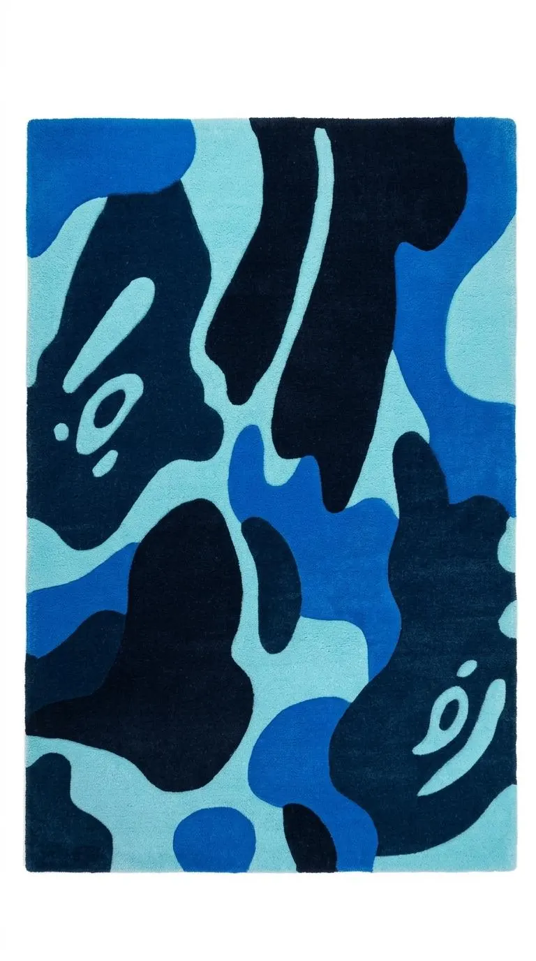Hand Tufted Wool Abstract Rug, Navy Blue Organic Shapes, Modern Artistic Carpet