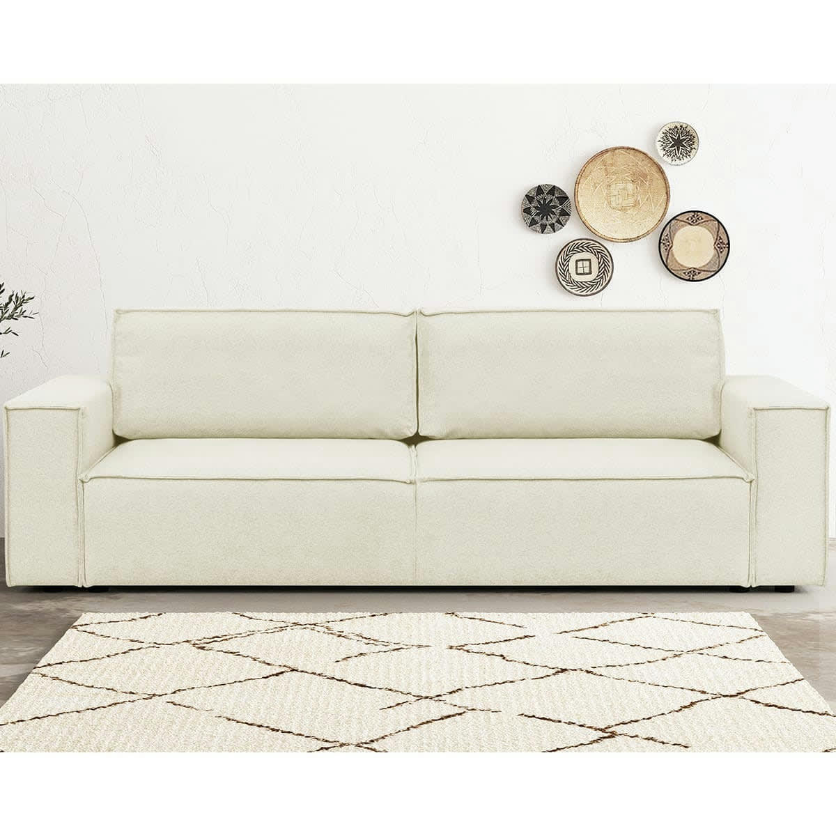 HARPER NEW - Canapé 3 places convertible + coffre en tissu ivoire