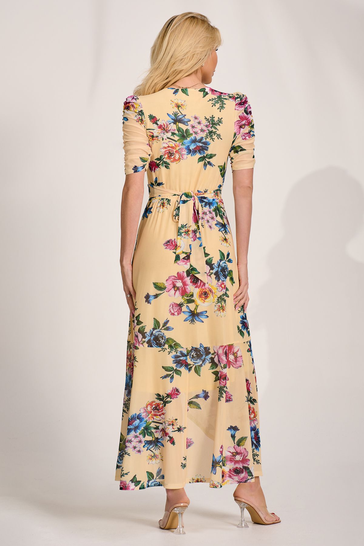 Jolie Moi Ruched Sleeve Mesh Maxi Dress