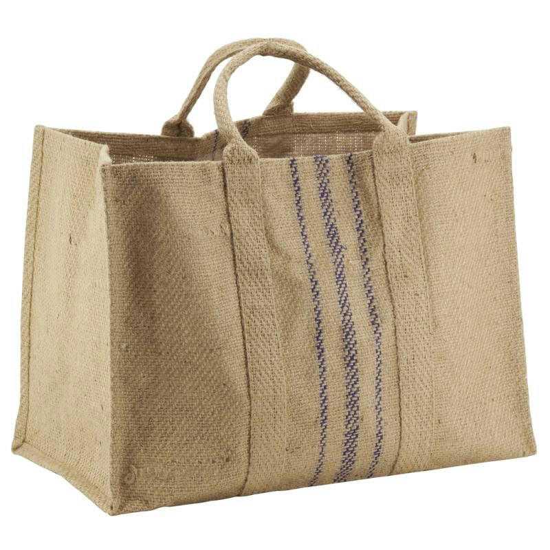 - Sac à bûches en jute rayure bleue