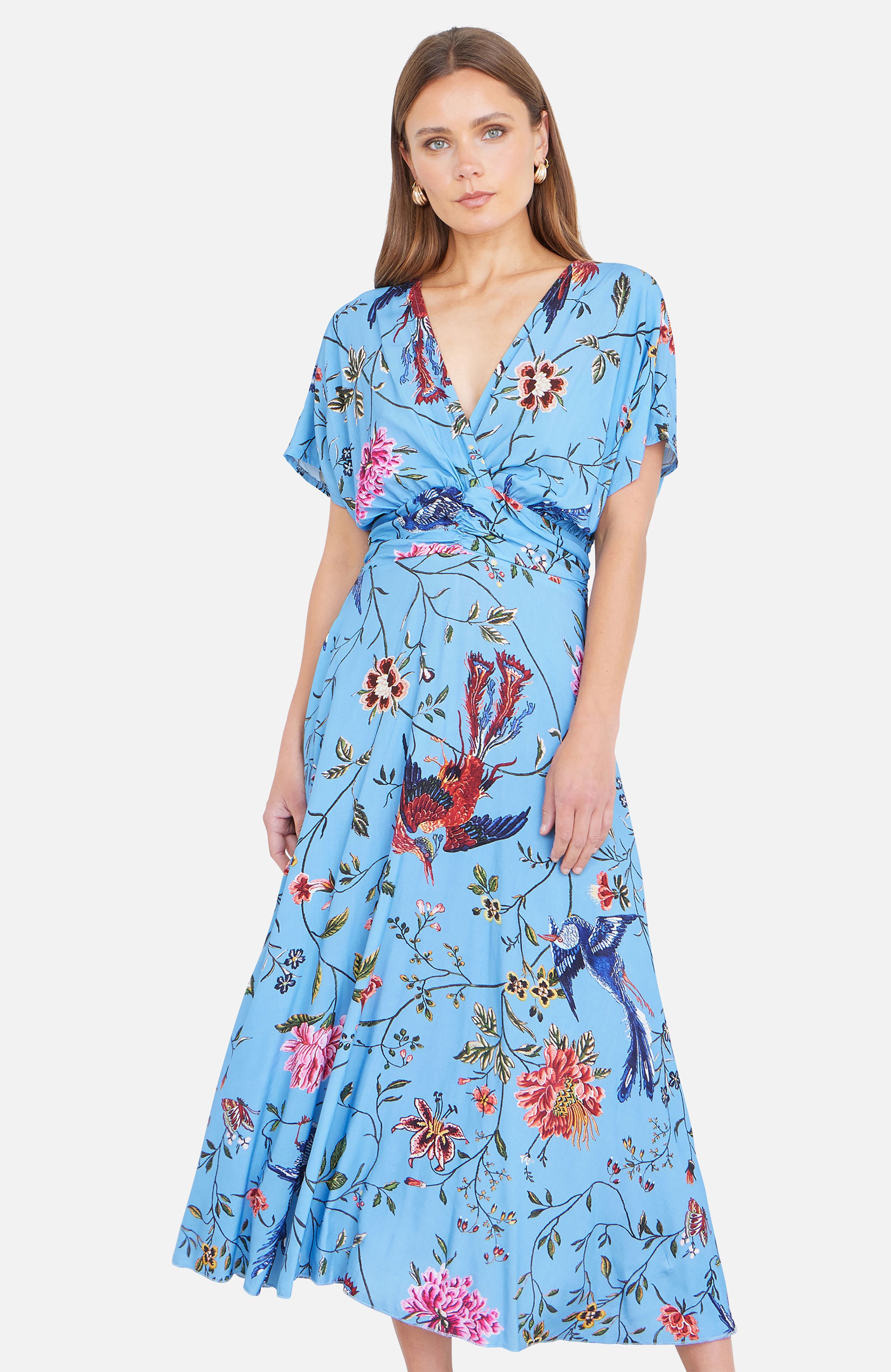Yumi Viscose Bird And Floral Print Midi Dress With Ruched Waist