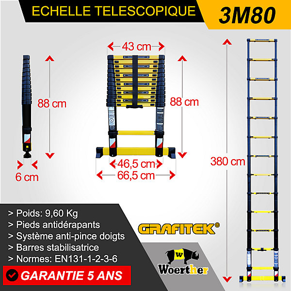 Echelle télescopique Woerther 3m80 avec barre stabilisatrice plus patins Highblock