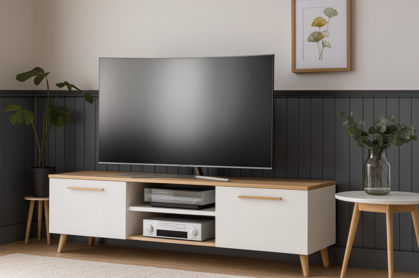 Szafka RTV BERGA 120 cm skandynawska, nogi drewniane - Biały / Dąb Artisan