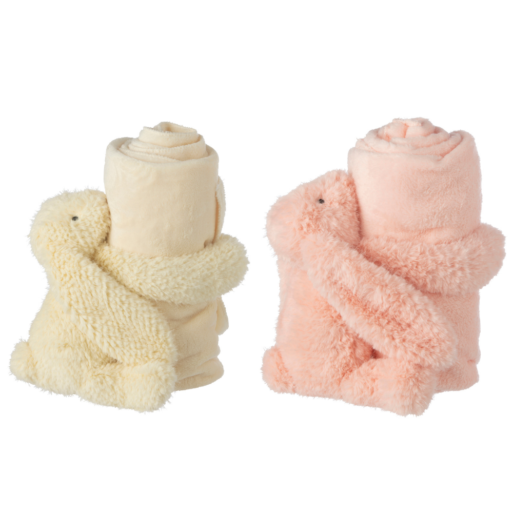 J-Line knuffelbeer Konijn   deken - polyester - roze/geel - set van 2