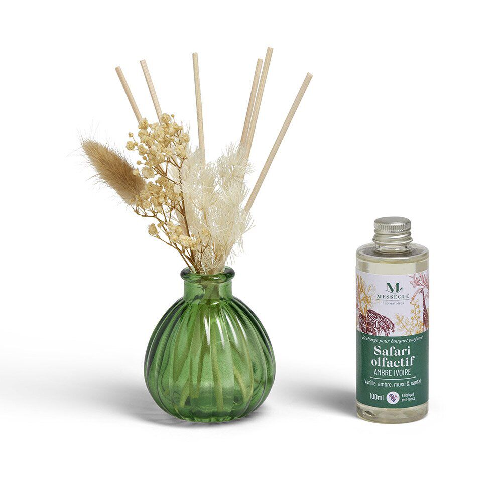 Diffuseur bâtonnets fleurs séchées et recharge Mességué vanille ambre musc 100ml