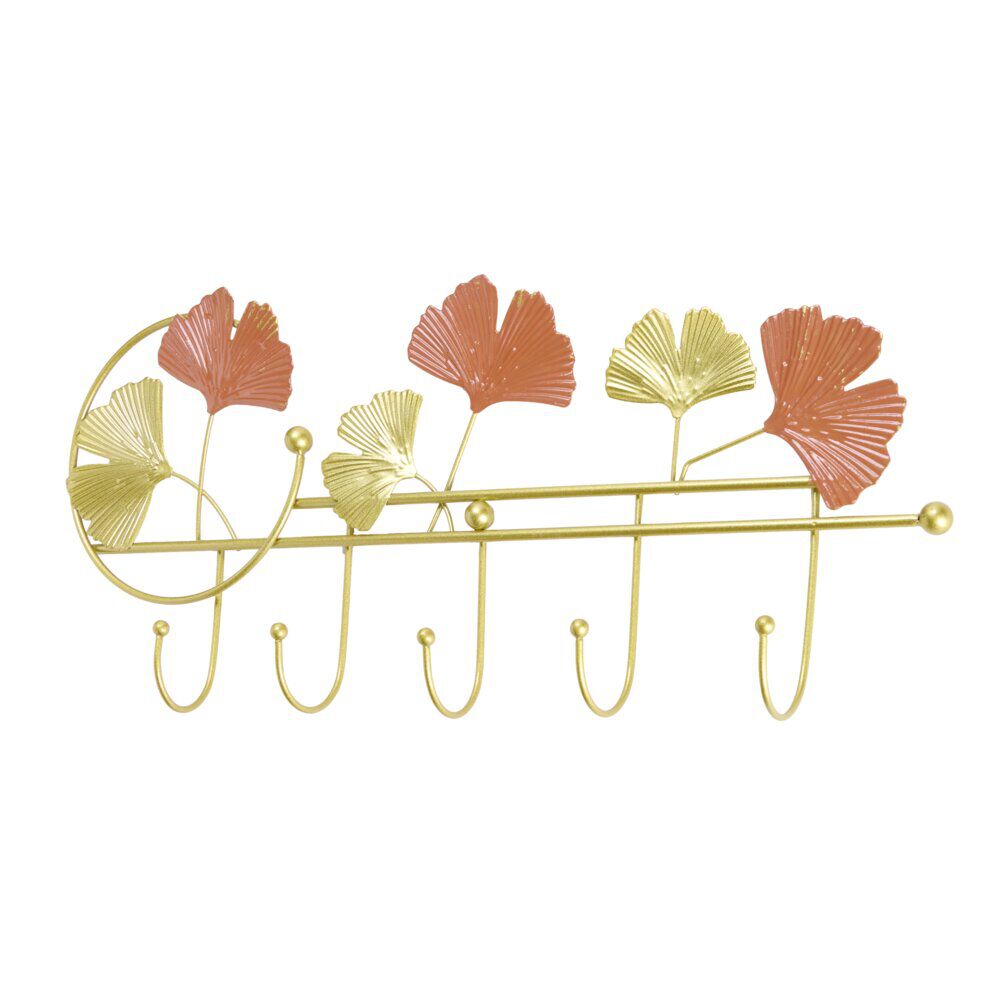 Patère 5 crochets déco feuillage métal doré et orangé L47xH21,5cm