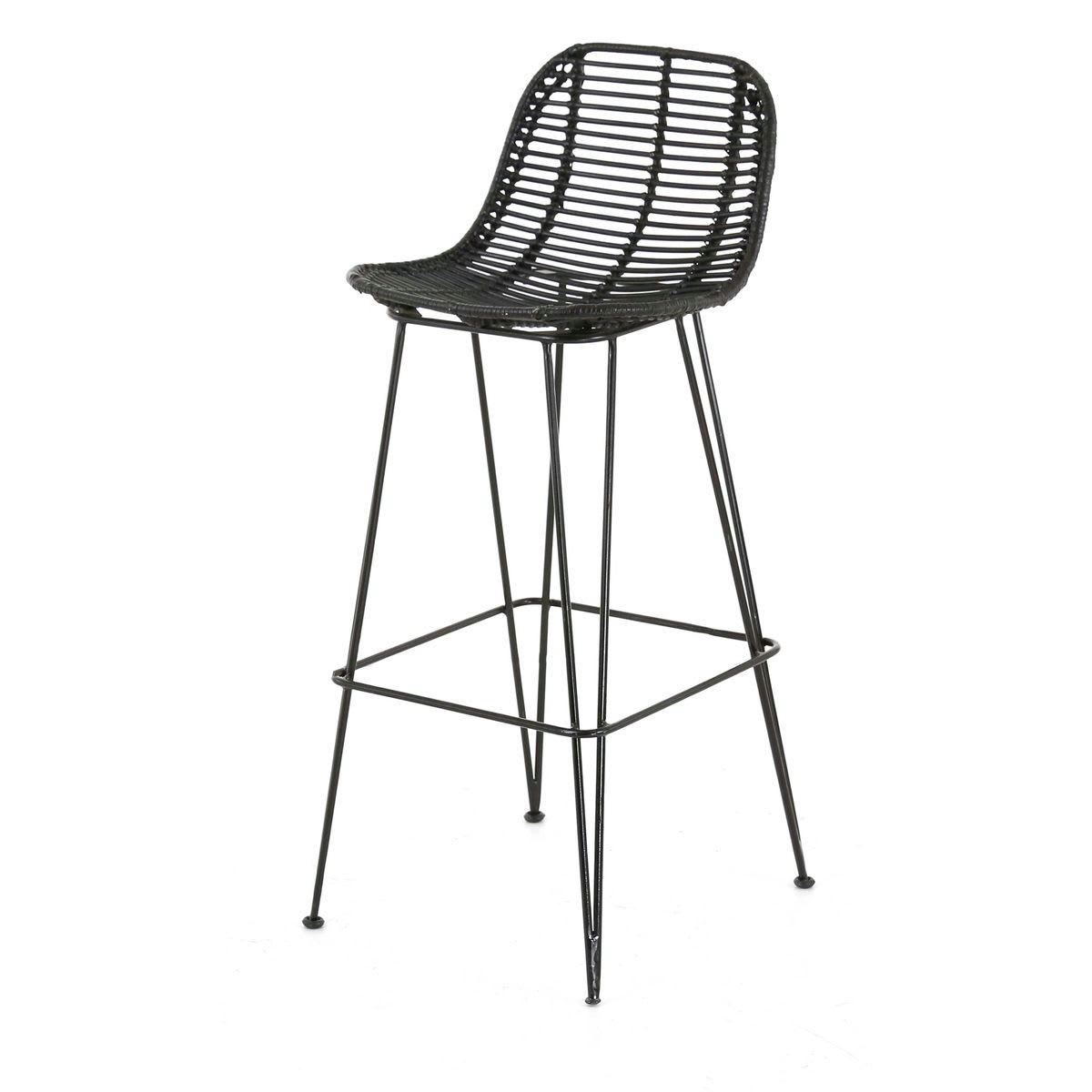 FRESH - Chaise de bar en rotin noir et pieds épingles métal