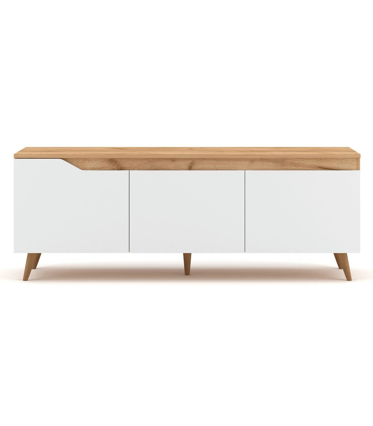 TREE - Meuble TV scandinave 3 portes L140 cm - Décor bois clair et blanc