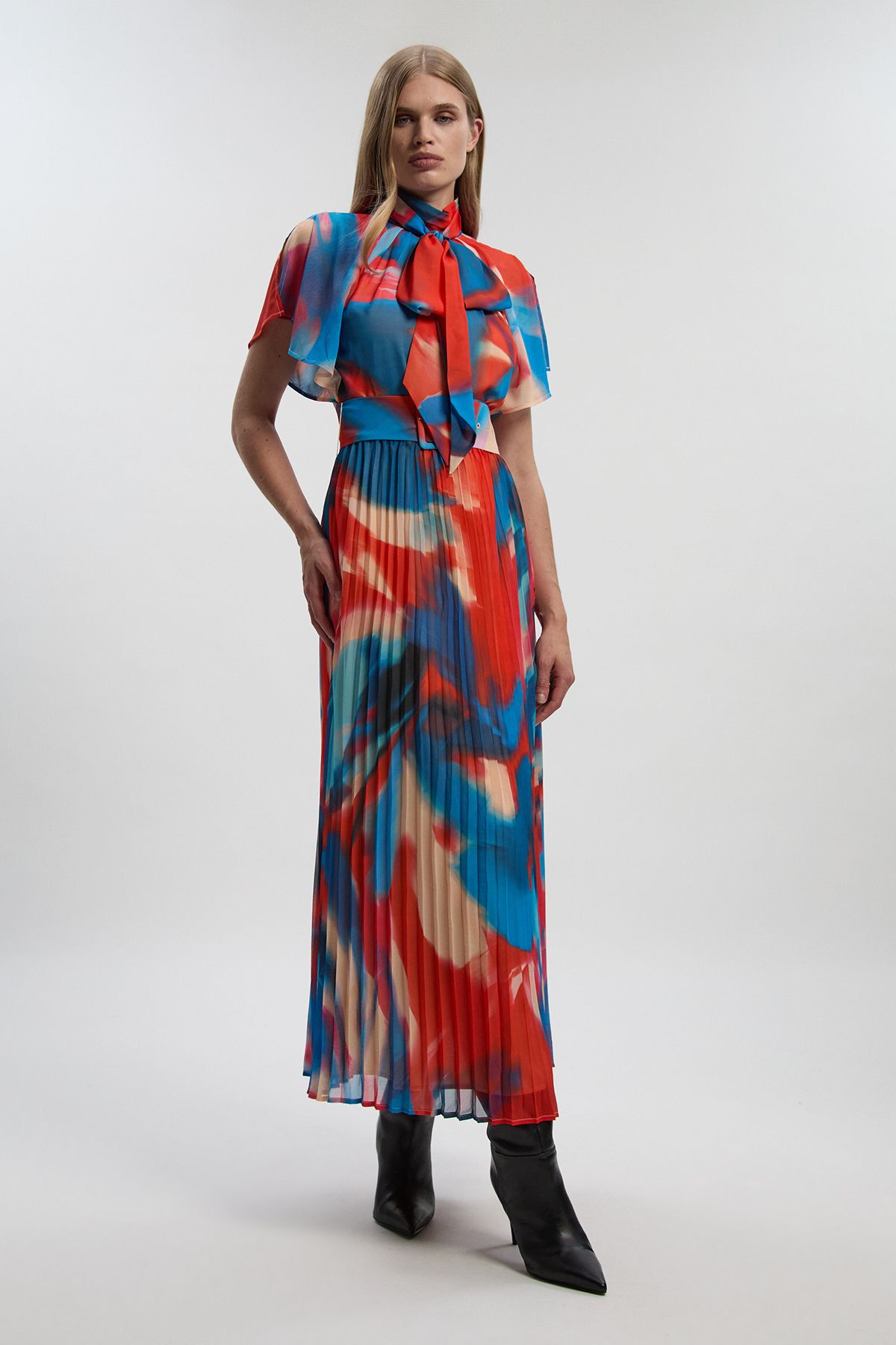 KarenMillen Georgette Tie Neck Blur Print Woven Midi Dress