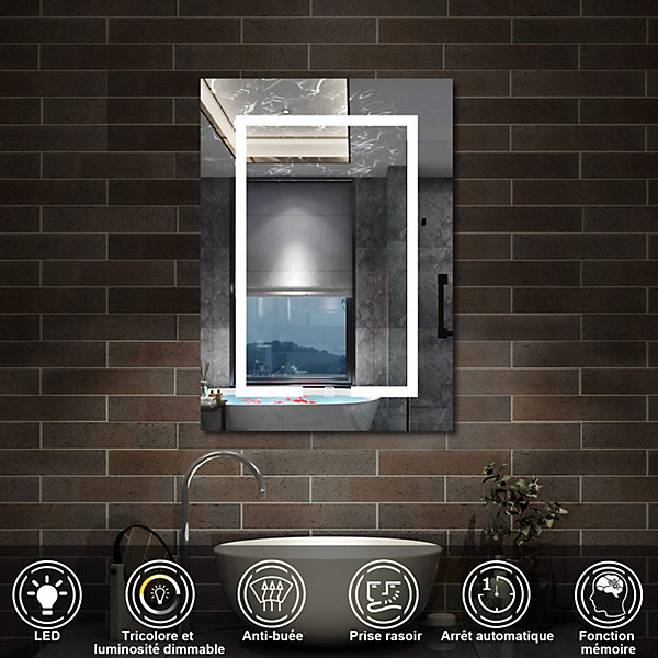 Armoire de toilette avec Miroir LED Anti-Buée, Blanc 40x70 cm, éclairage 3 Couleurs et Prise Rasoir, AICA Sanitaire
