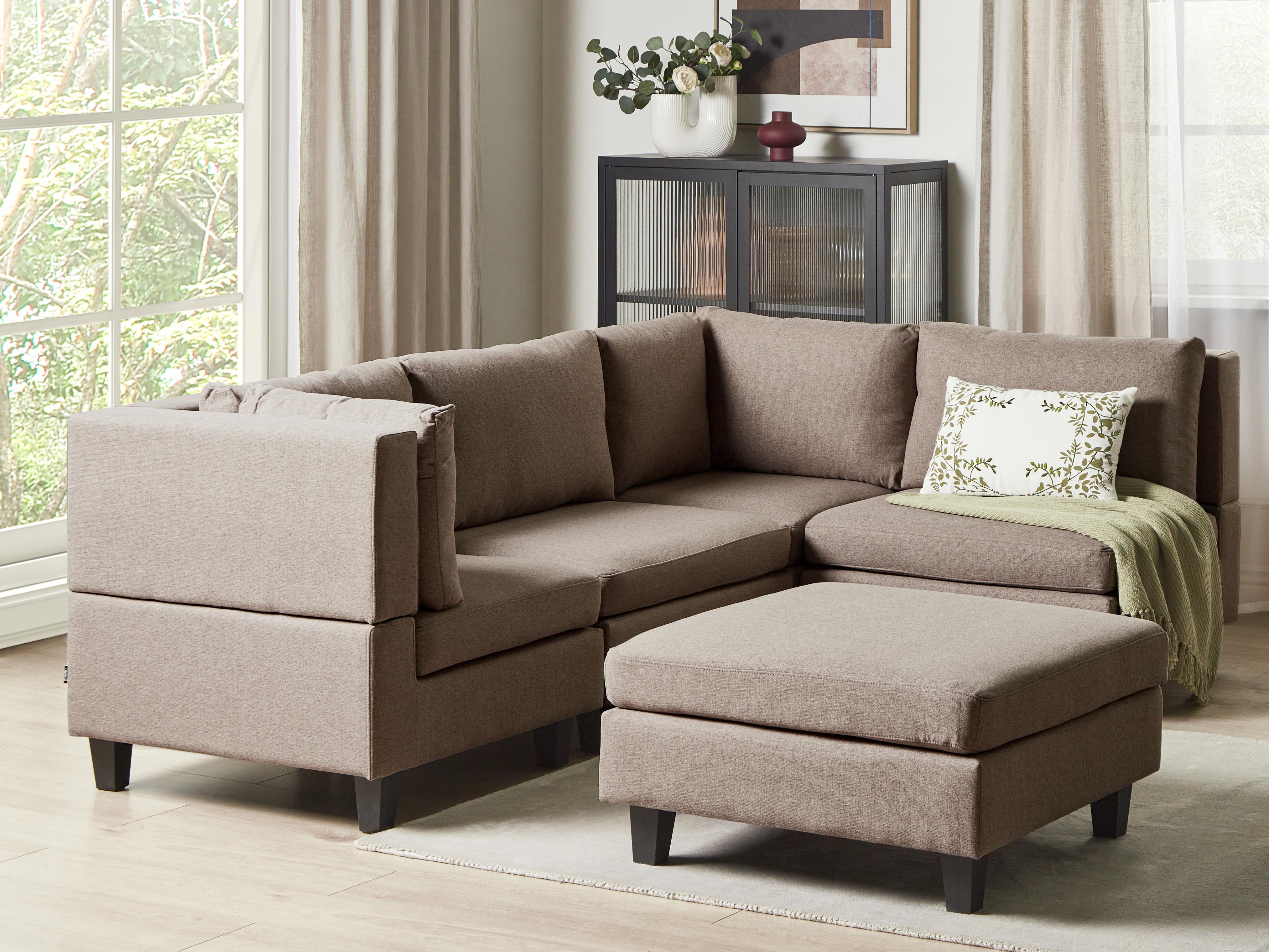 Modular Corner Sofa 4 Seater UNSTAD Fabric Brown with Ottoman Left Hand