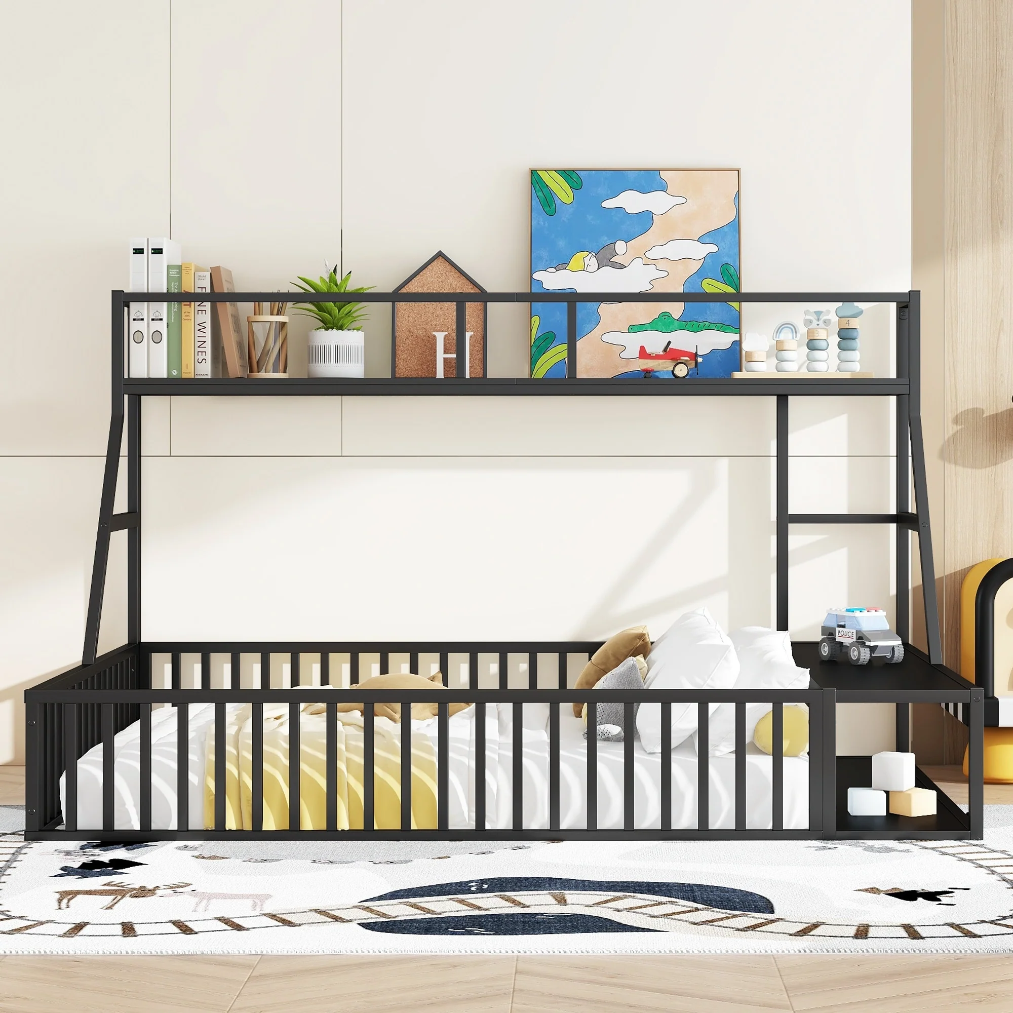 Full Size Floor Bed Frame with Safety Fence, Metal Floor Bed with Desk and Storage Shelves, Playhouse for Kids