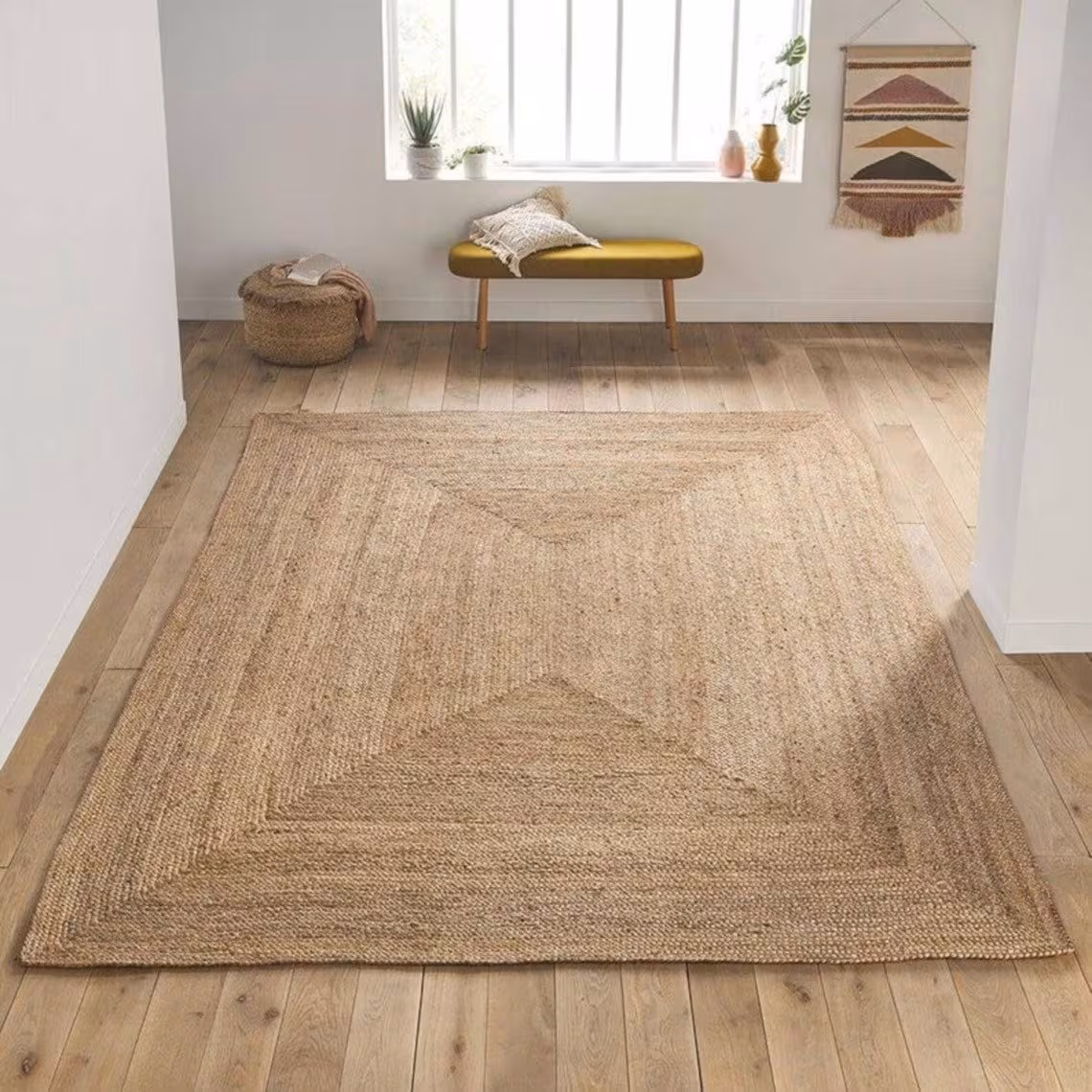 Natural Jute Rug Jute Braided Rug Bohemian Jute Rug Rectangular Jute Rug, Boho Decor Rug, Jute Area Rug, Square Jute rug Custom Size Rug