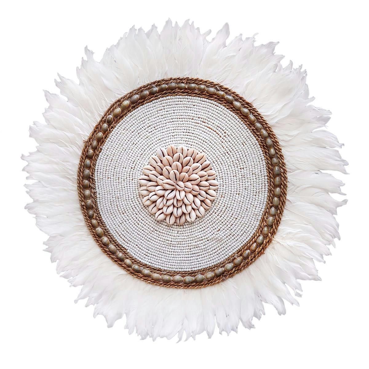 BELLA - Décoration murale en plumes, perles et coquillages, blanc D50 cm