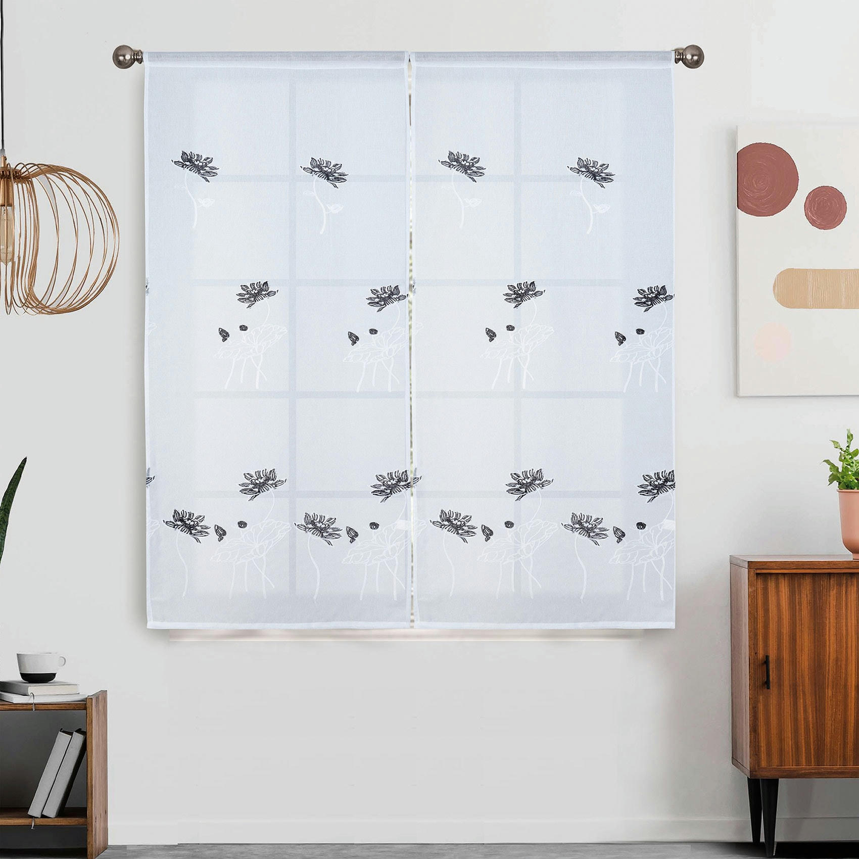 - Paire de vitrages brodée à fleurs polyester noir 90x220 cm
