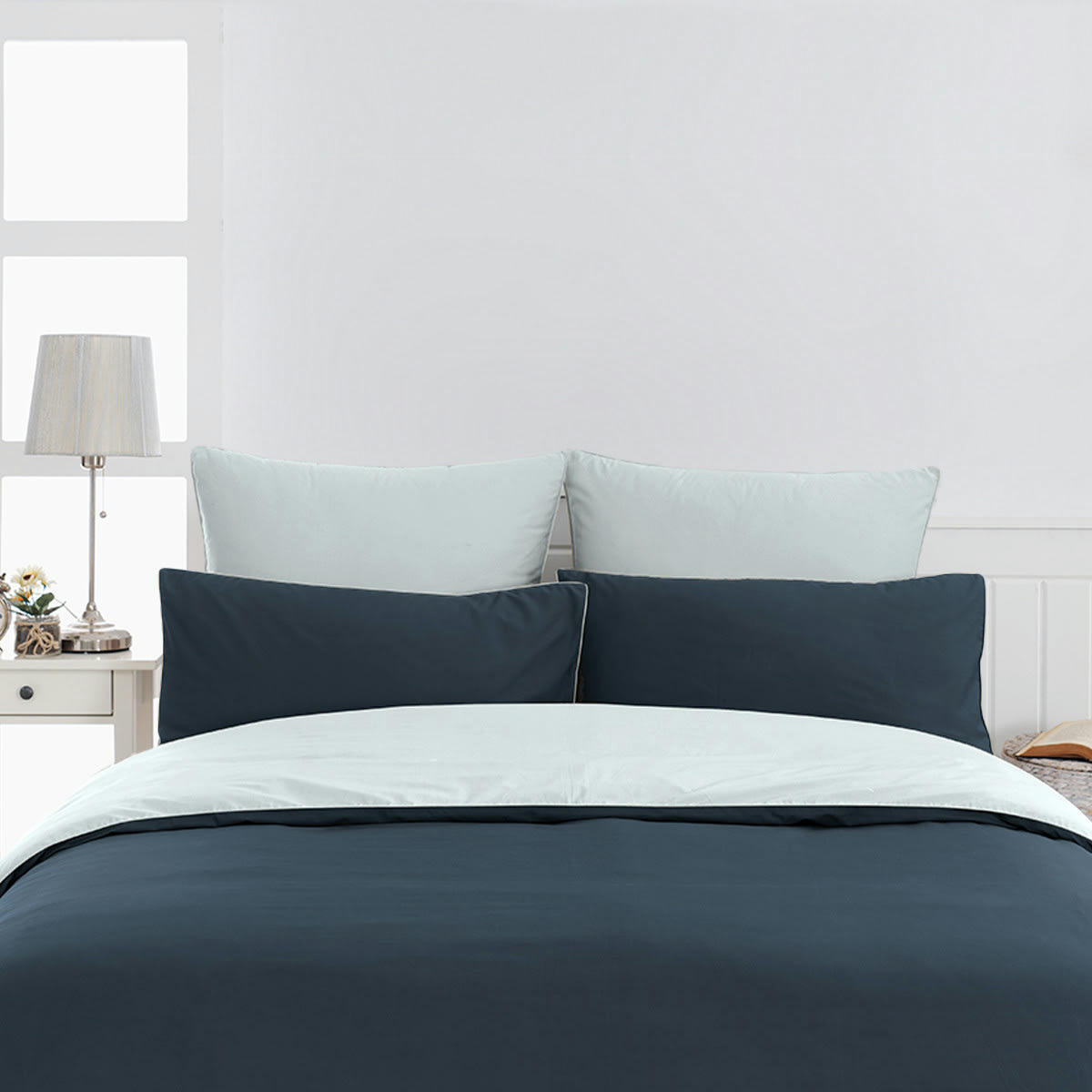 DOZMARY - Housse de couette bicolore en percale coton  indigo/nuage 140x200 cm