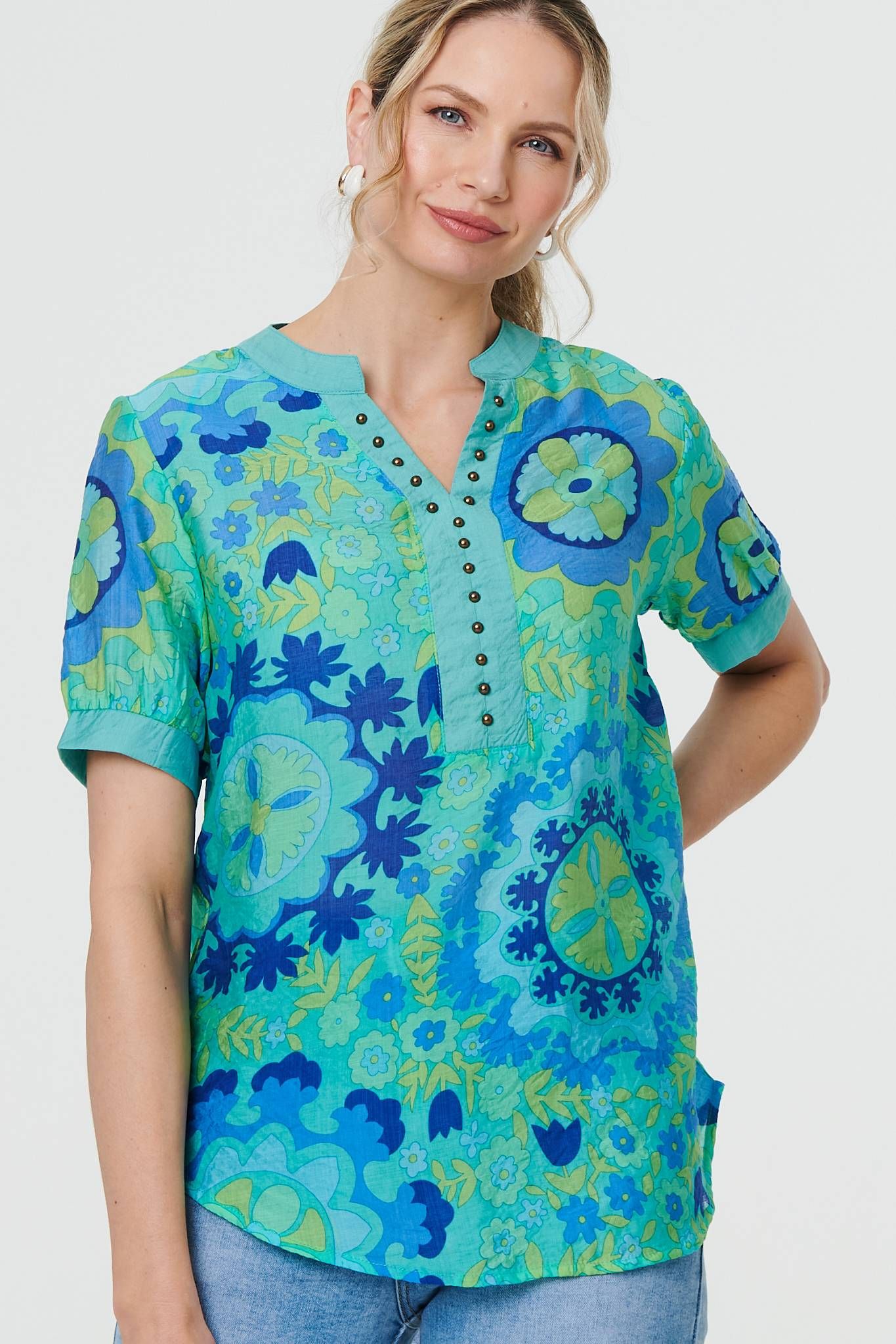 Izabel London Floral Stud Detail Short Sleeve Blouse