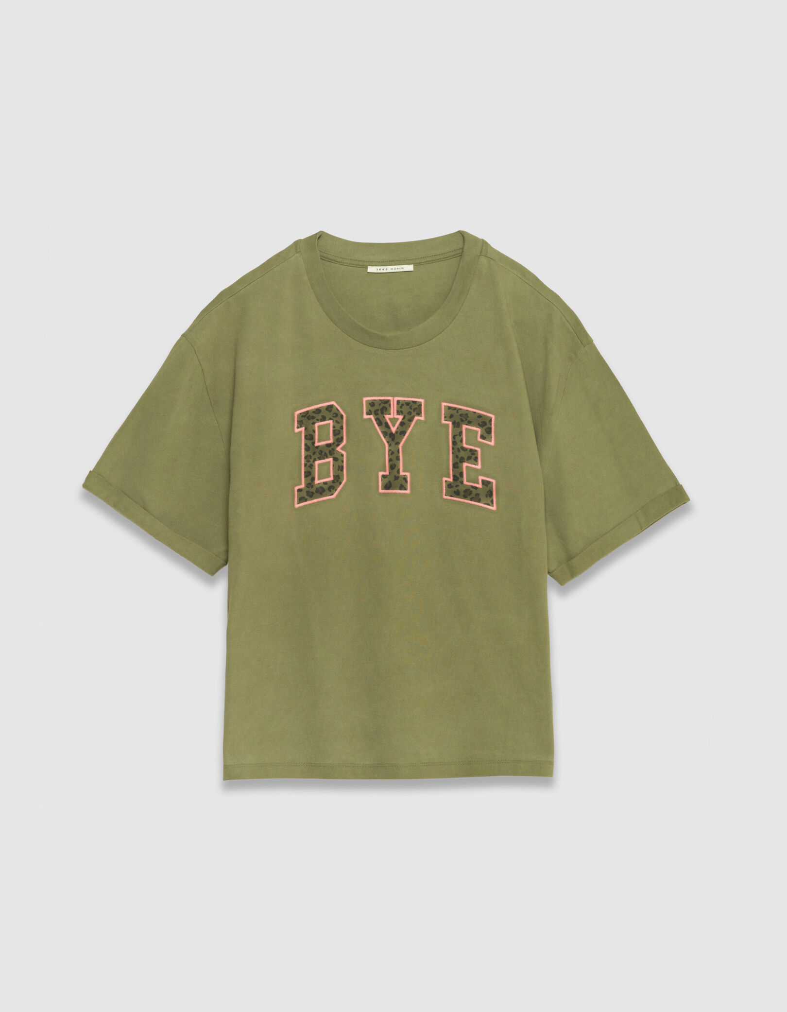 Tee-shirt kaki coton bio message léopard brodé Femme