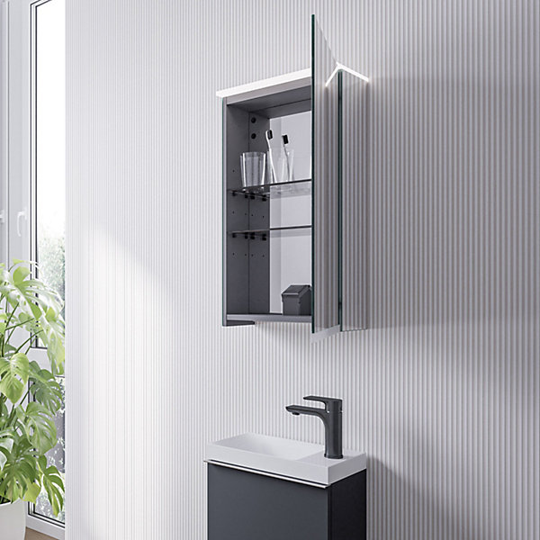 Armoire de toilette suspendue miroir 40x19x71cm (LxPxH), charnière à droite, éclairage LED, tablettes en verre - VARO