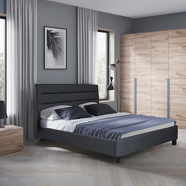 Lit 2 places 140x190cm tissu Gris foncé avec sommier LANEAU