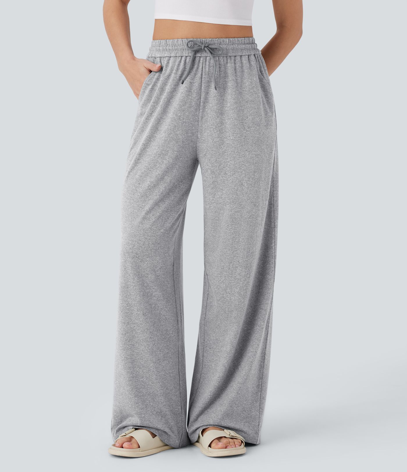 Pantalon large décontracté taille haute avec cordon de serrage et poches latérales
