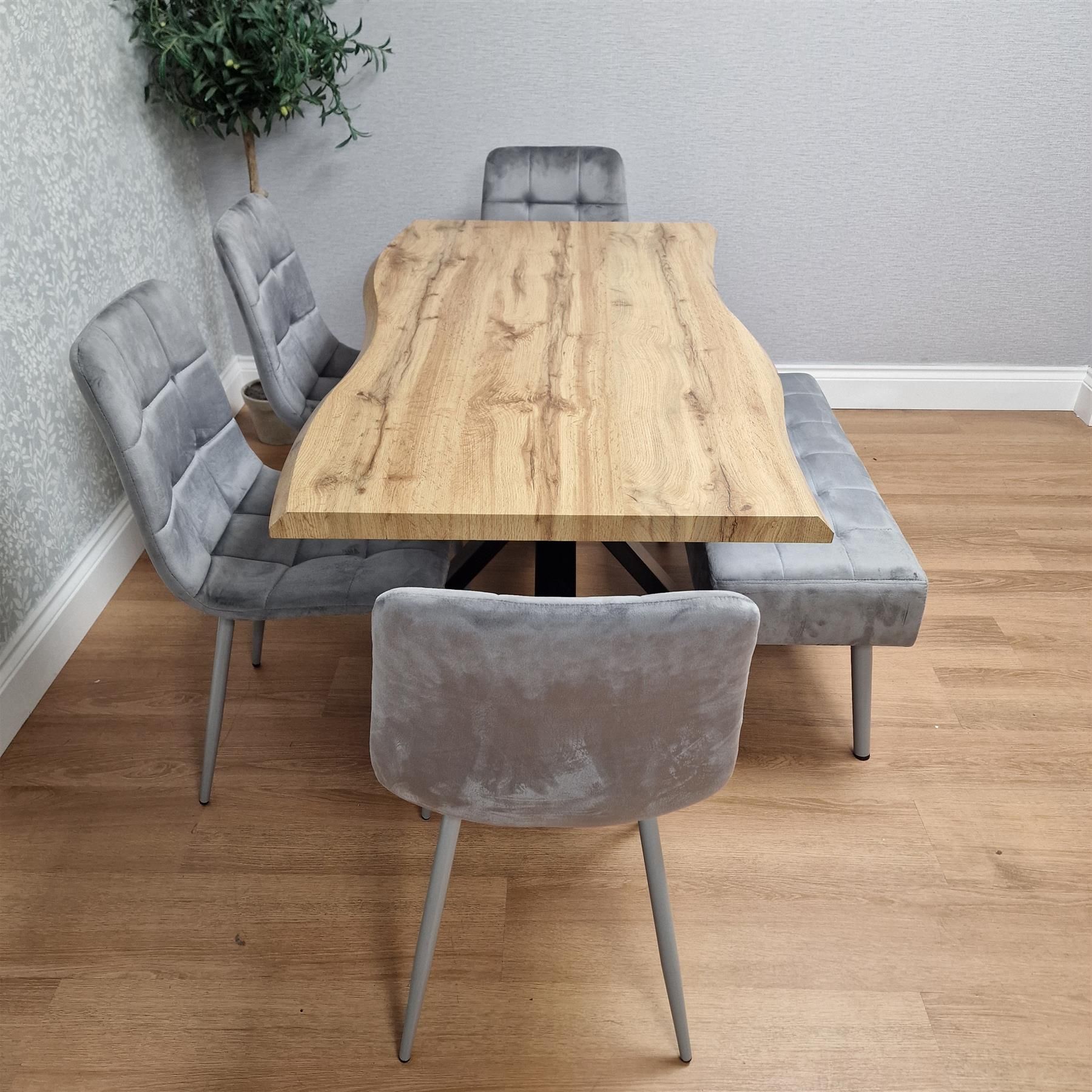 KOSY KOALA Wooden Dining Table with 2 Grey Velvet Chairs and Padded Bench, Dining Room Furniture
