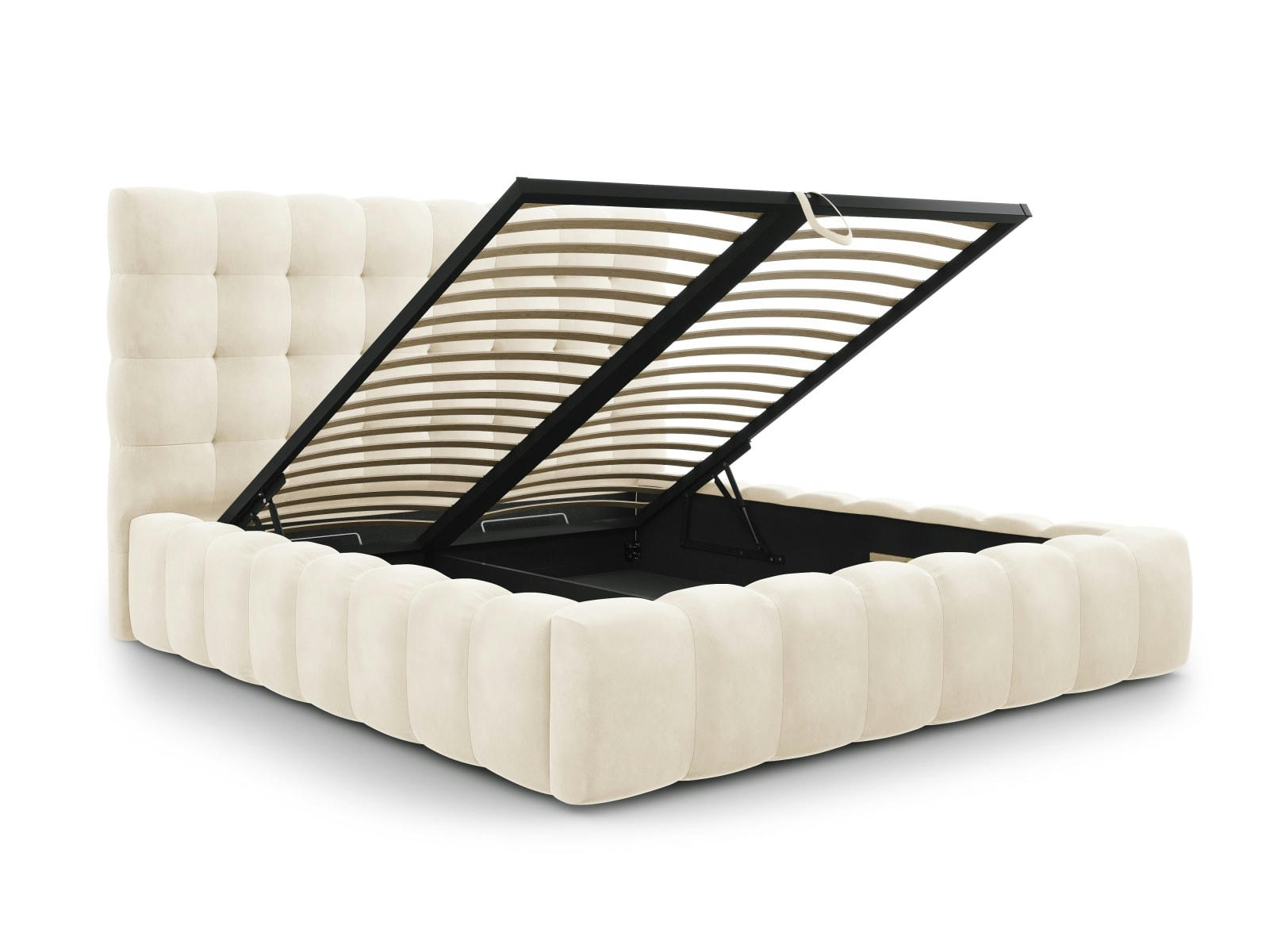 MAMAIA - Lit coffre en avec tête de lit 180x200cm en tissu velours beige clair