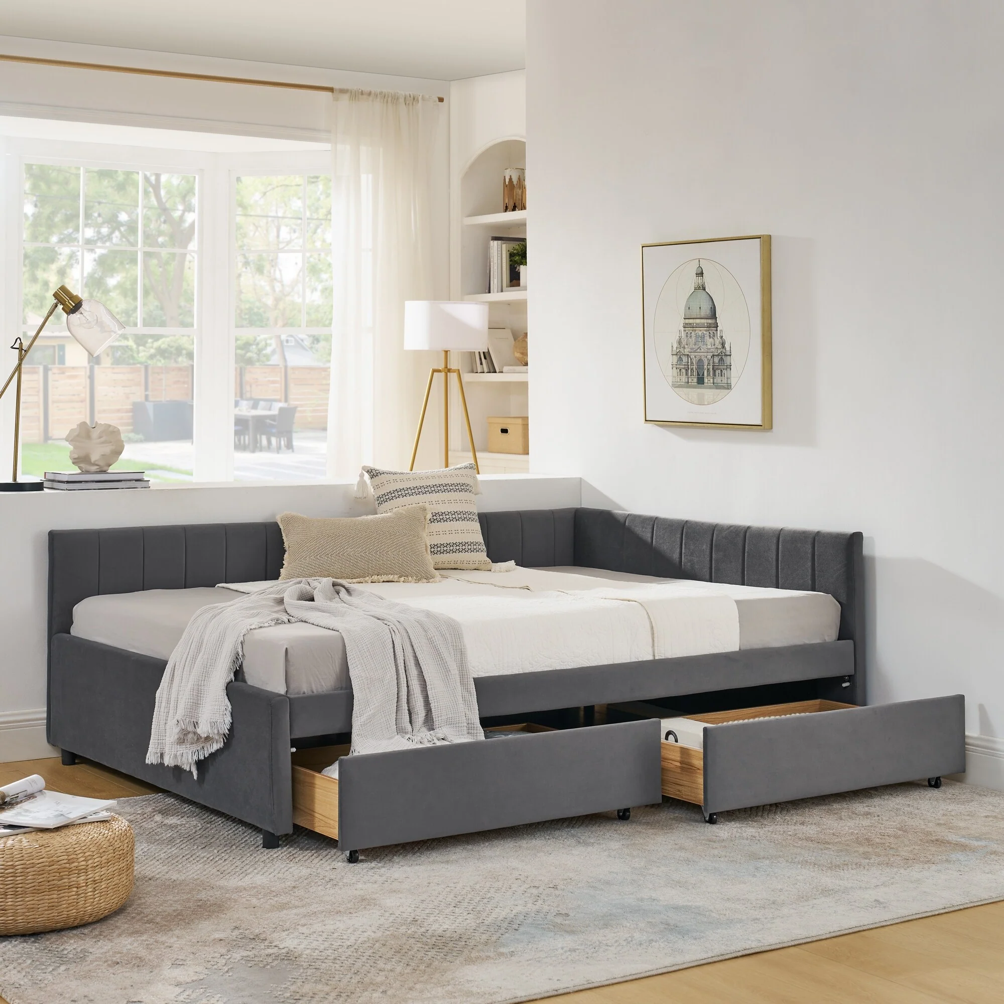 Full Size Upholstered Tufted Bed Frame with Two Drawers, Sofa Bed Frame with Comfortable Backrest and Armrests(79.5x58x25)