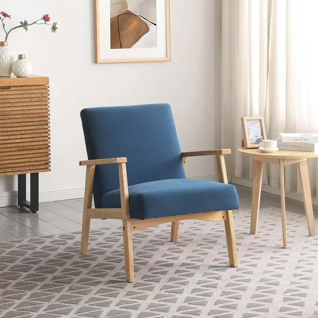 Mid Century Velvet Accent Chair Modern Armchair with Solid Rubber Wood Legs