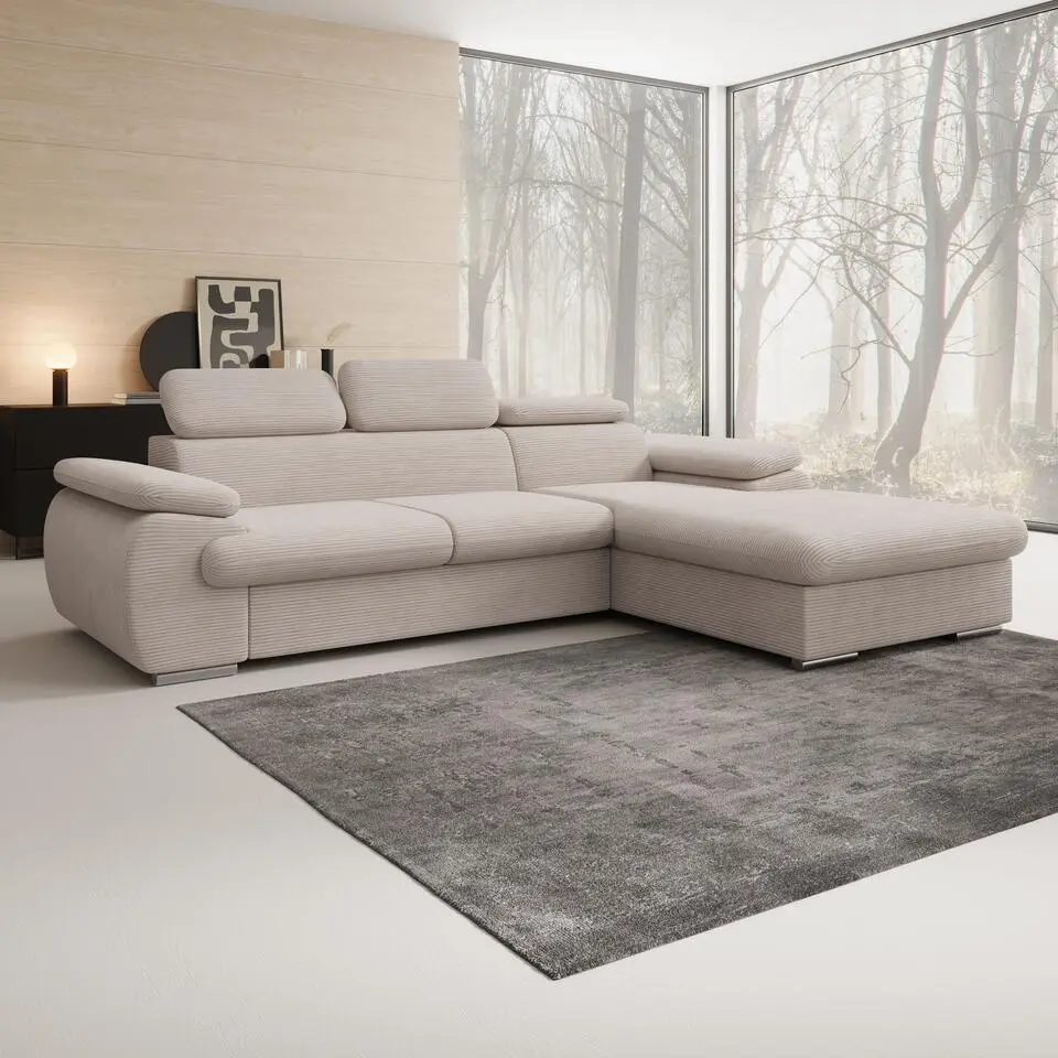 Meubella - Hoekbank Cordoba - Beige - Ribstof - Rechts