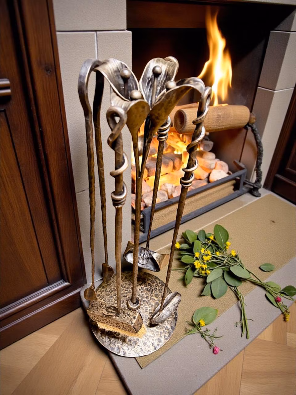 A set of forged fireplace tools.High-quality iron tools with a stand:poker,shovel,brush,and tongs.A Gift for home decor.Personalization!