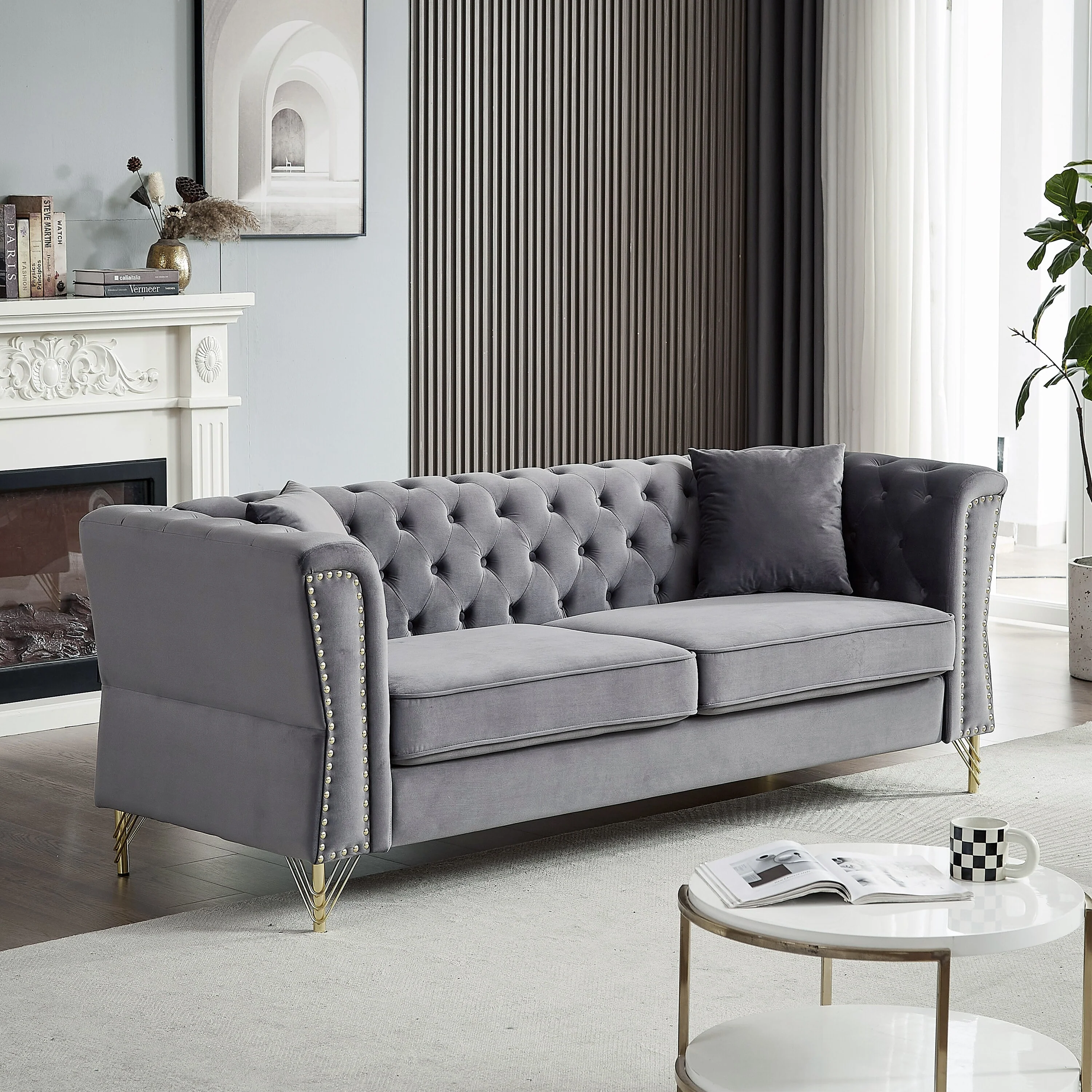 Grey 81.8 Velvet Sofa, 3-Seater with Nailhead Trim, Metal Legs, and 2 Pillows for Living Room