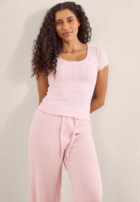 Womens Light Pink Pointelle Short Sleeved Pyjama Top