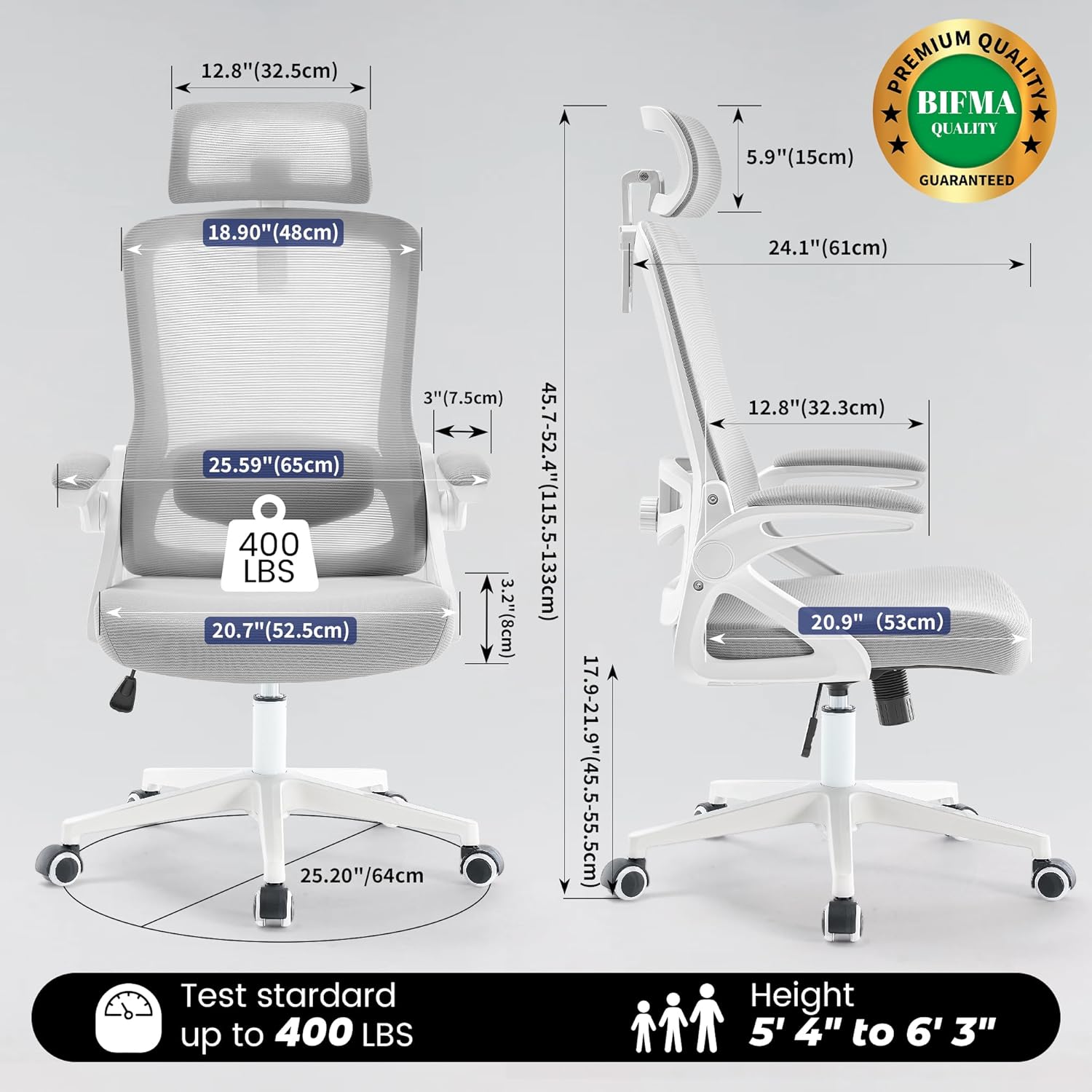 Fizzin Ergonomic Office Chair, 400 LBS Desk Chair with Adjustable Lumbar Support, High Back Breathable Mesh Computer Chair Rolling Work Swivel Task Chairs, Comfy Home Office Desk Chair (Gray)