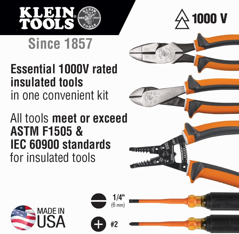 Klein Tools 94130 1000V Insulated Screwdriver Tool Set, Made in USA, with #2 Phillips and 1/4-Inch Cabinet Slim Tips, 2 Insulated Pliers and Wire Stripper