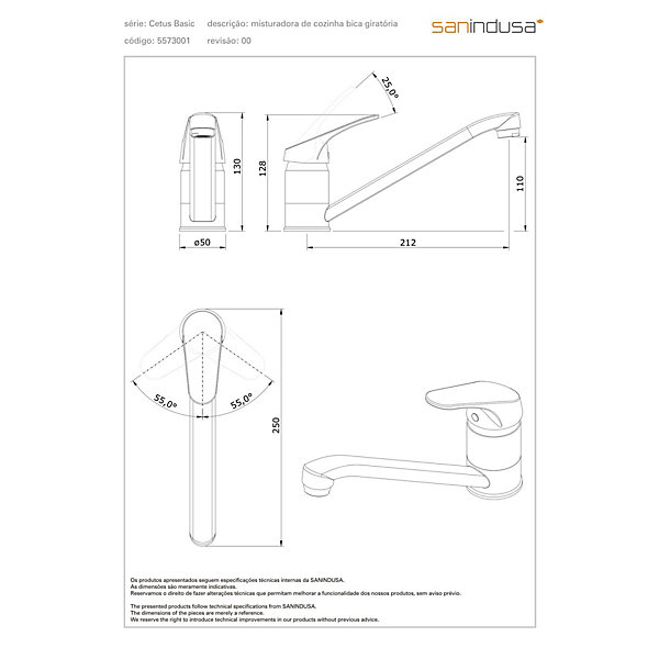 Mitigeur pour évier de cuisine SANINDUSA Cetus Basic chromé avec bec orientable livré avec 2 flexibles