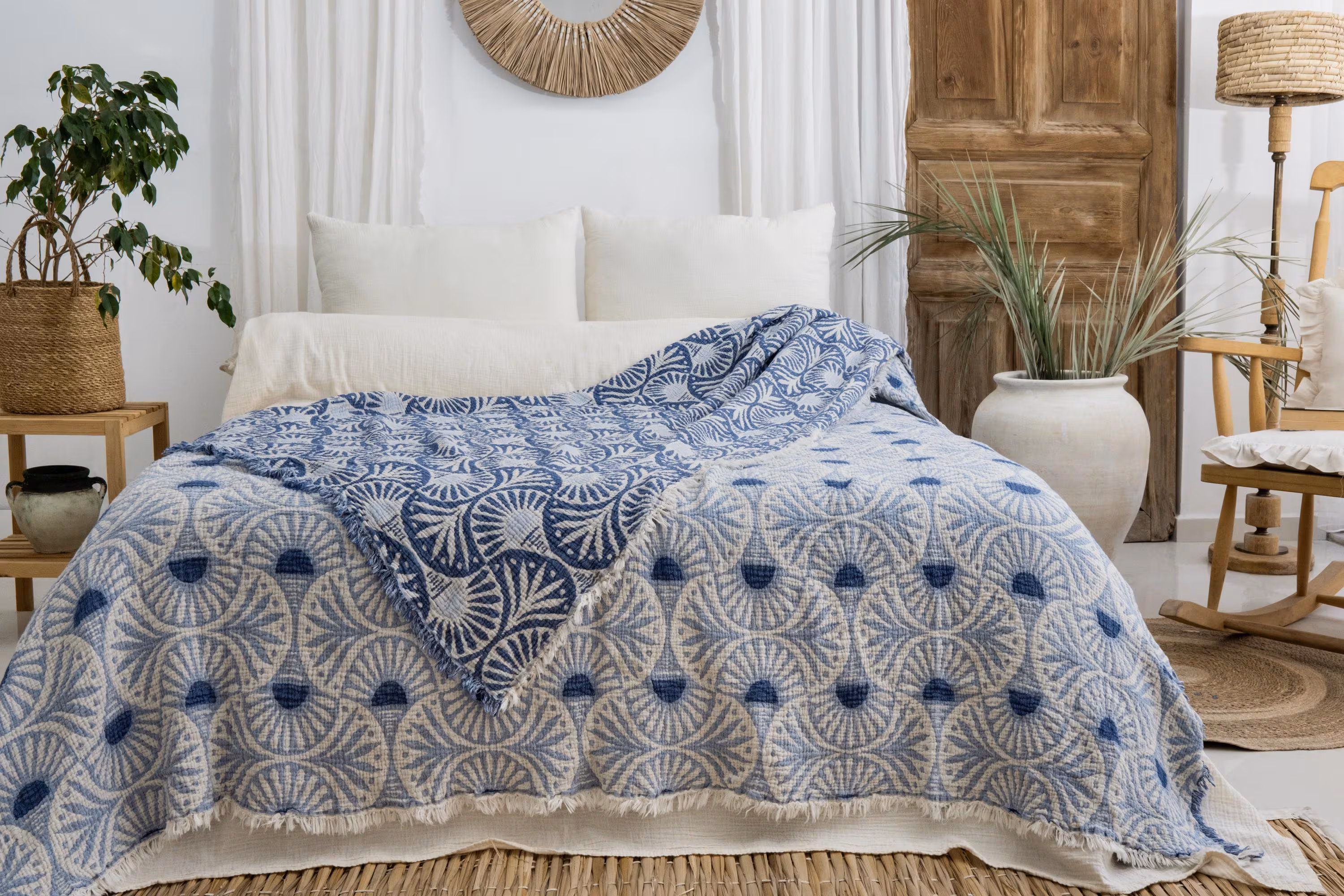 Blue Ginkgo Muslin Bed Blanket, 100% Turkish Cotton King Size Bedspread, Lightweight Reversible Gauze Blanket, Boho Bedding