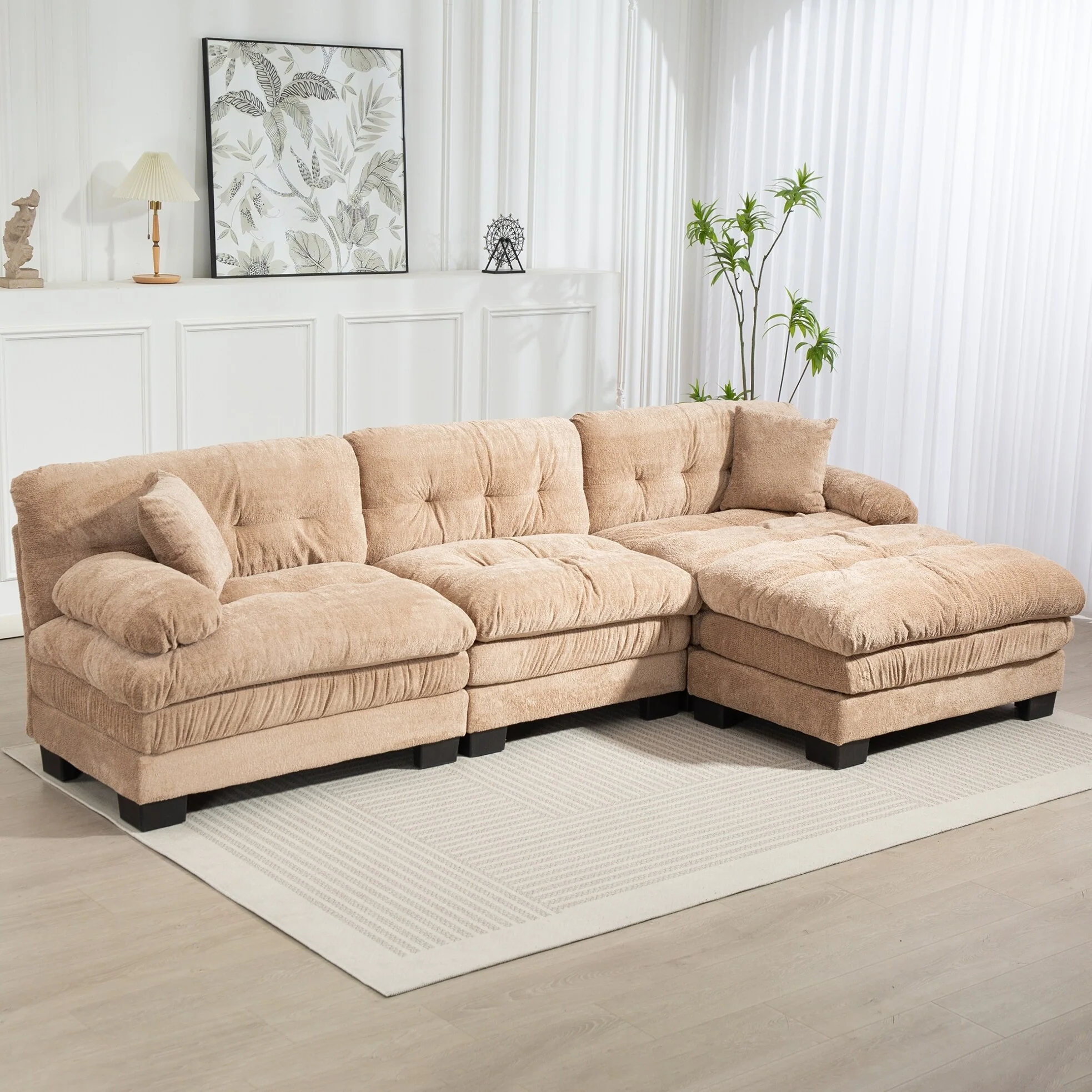 120.87 Chenille L-Shaped Sleeper Sectional Sofa with Ottoman