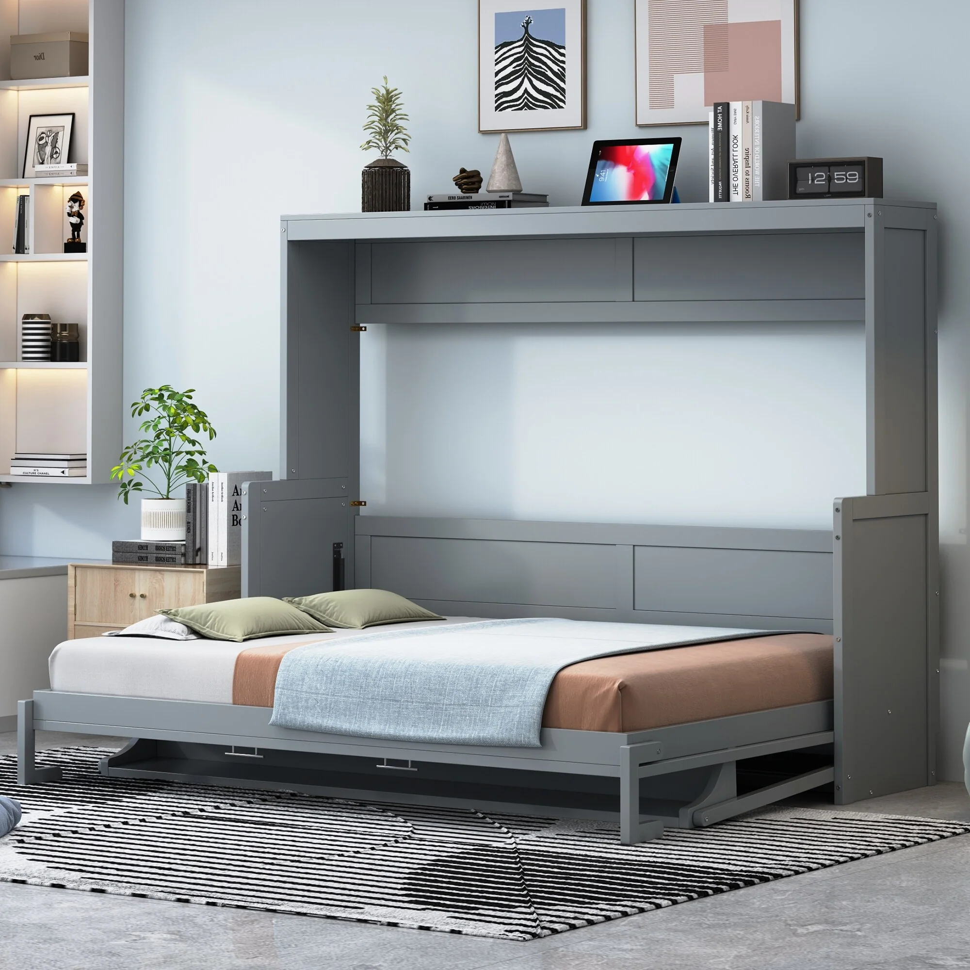 Full Size Murphy Bed with Hydraulic Lift & Desk Design, Gray