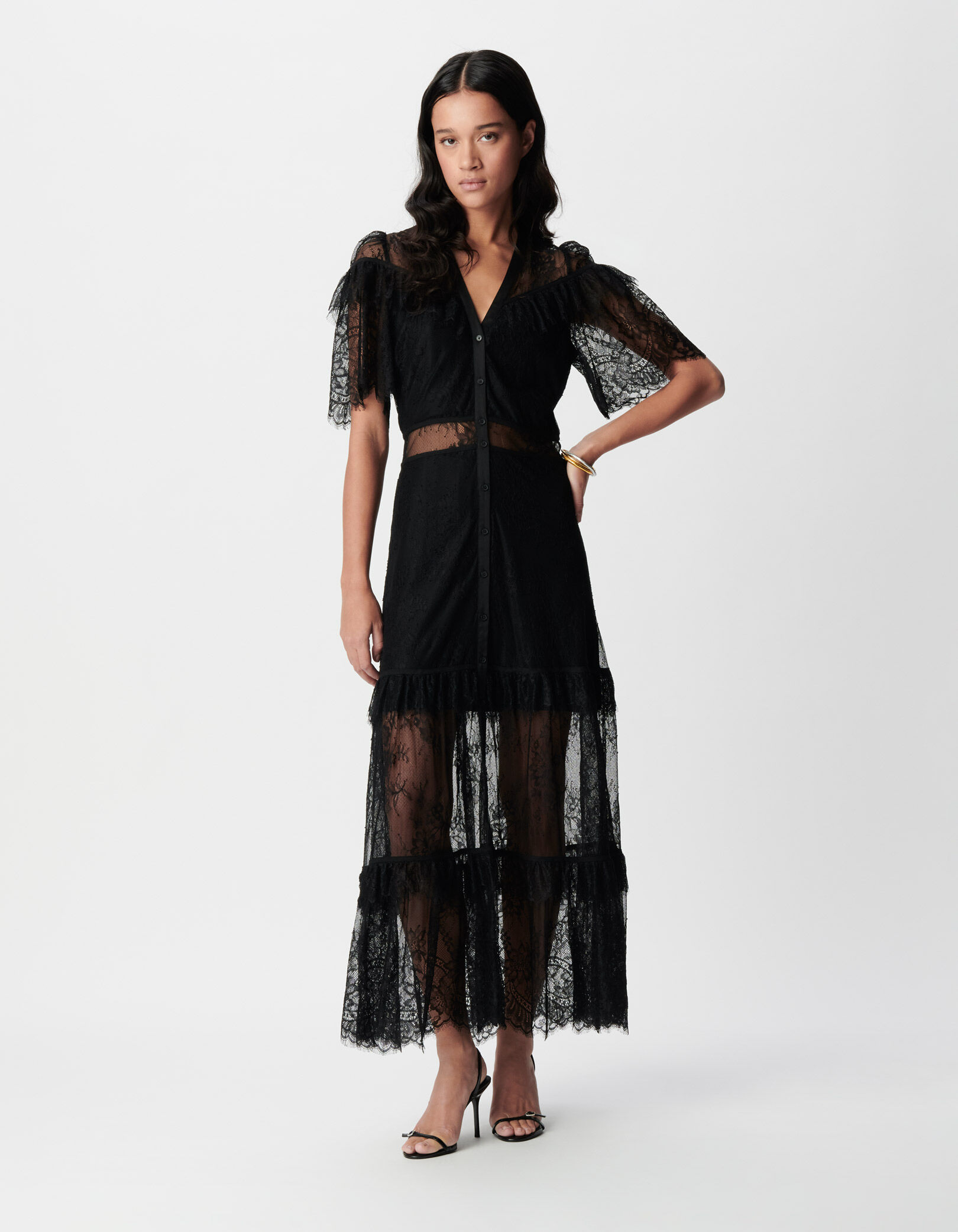 Robe longue noire dentelle jeu de transparence Femme