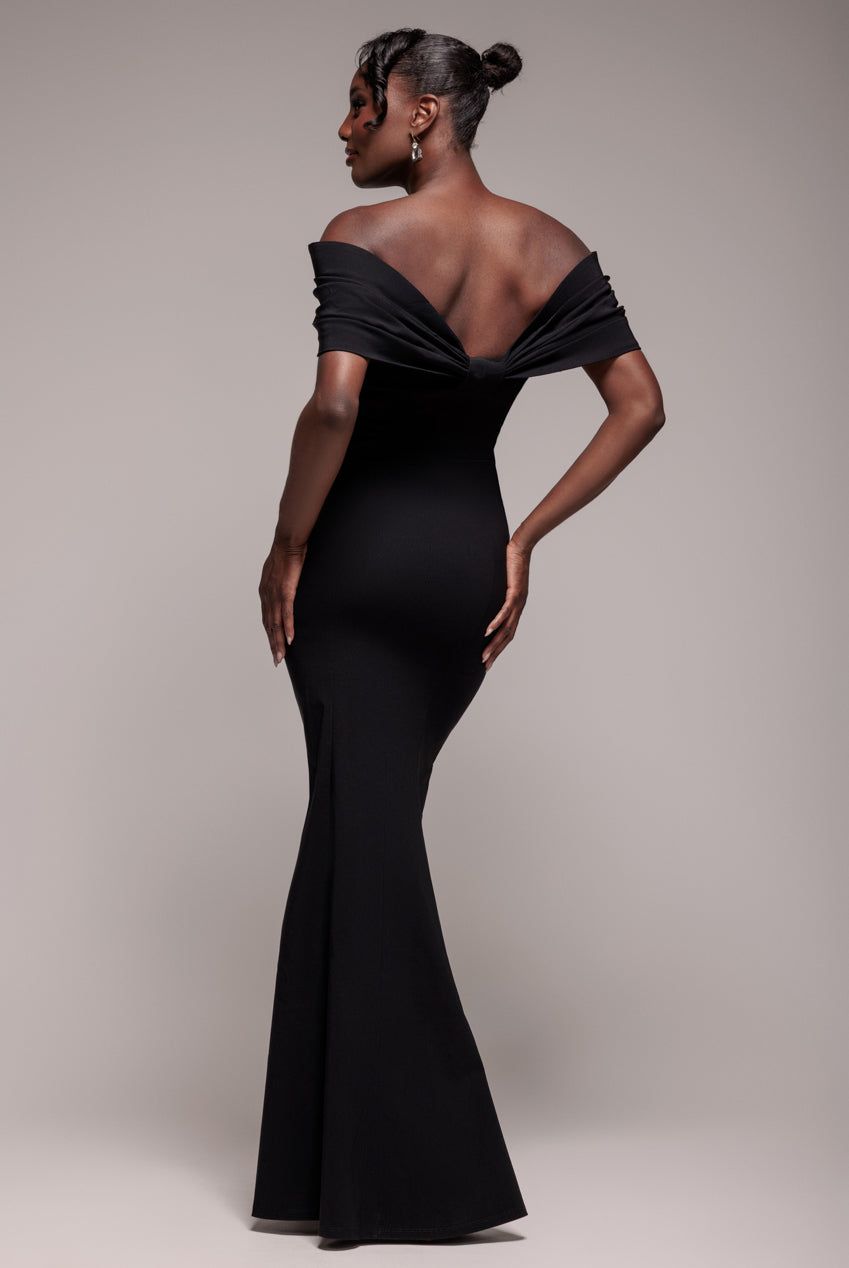 Goddiva Bardot Bow Neck Maxi Dress
