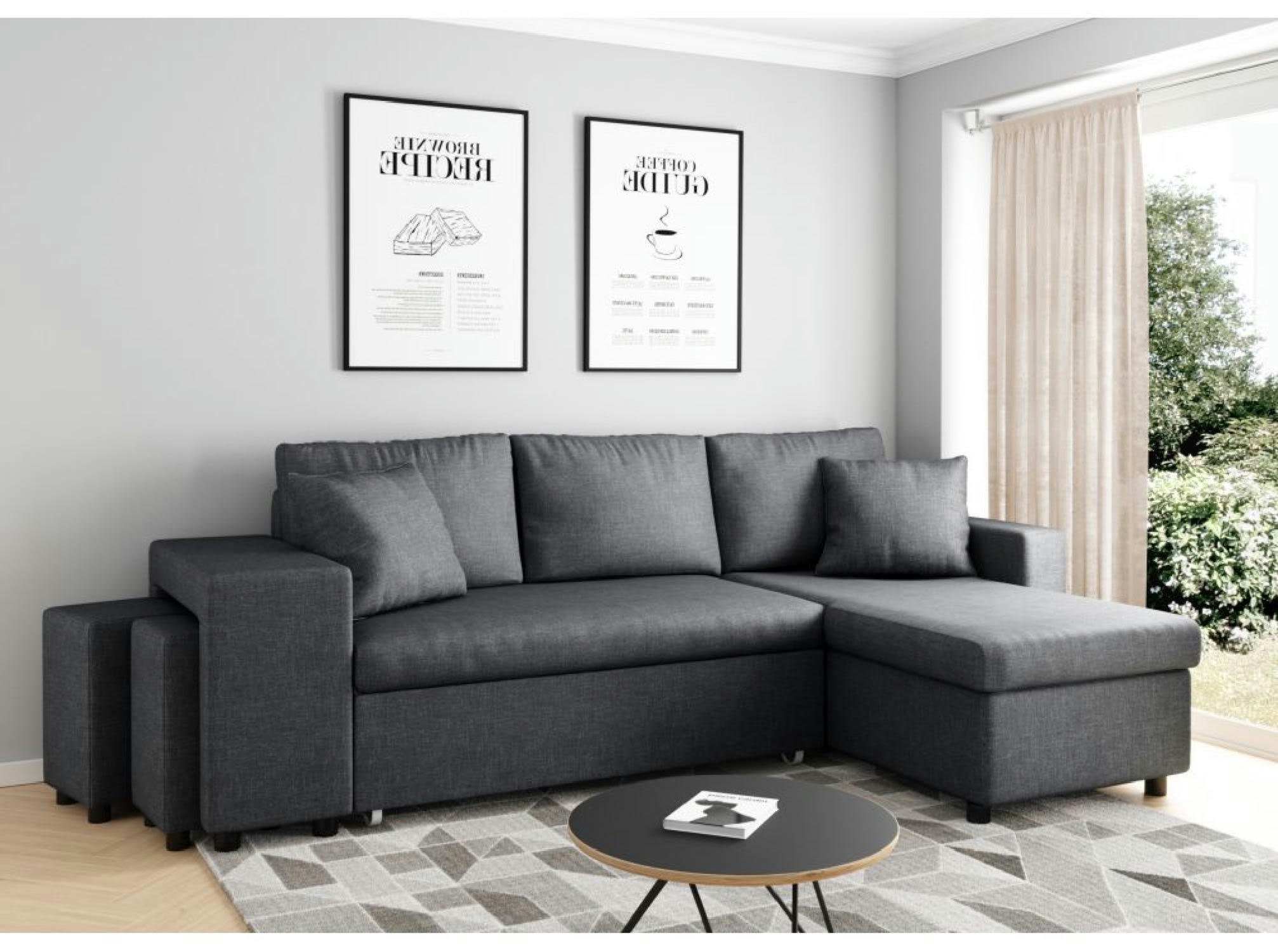 OSLO - Canapé d'angle convertible gris foncé avec rangement poufs à droite