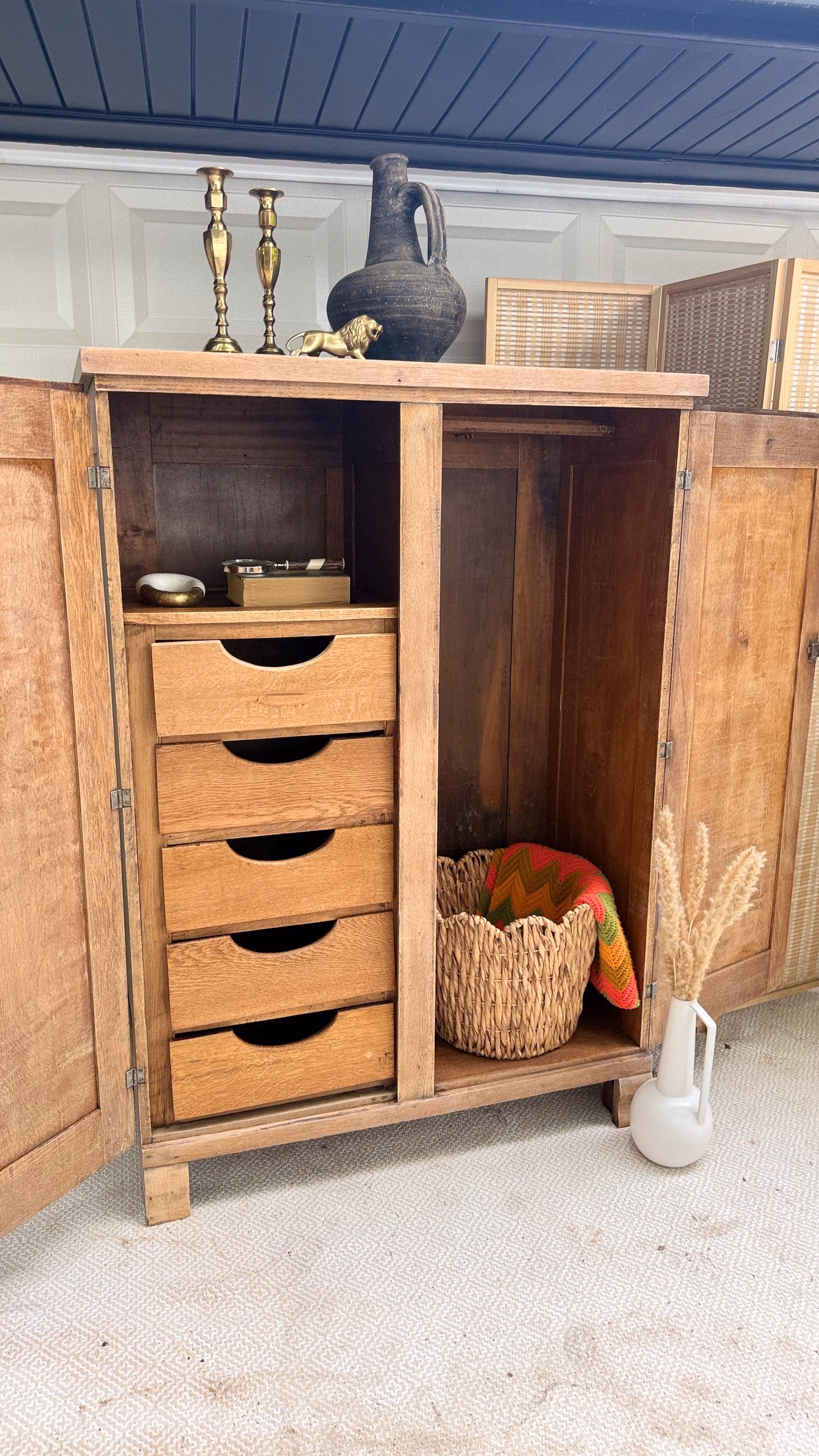 Antique Solid Oak Wardrobe Armoire with Key | Arts & Crafts Style | Fully Functional | Hand Sealed