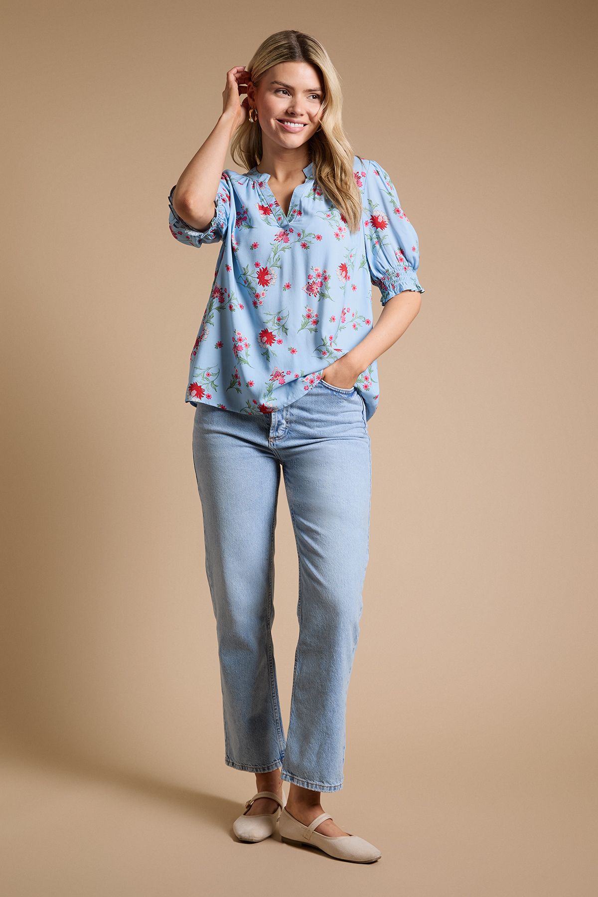 Dorothy Perkins Floral Printed Puff Sleeve Overhead Shirt