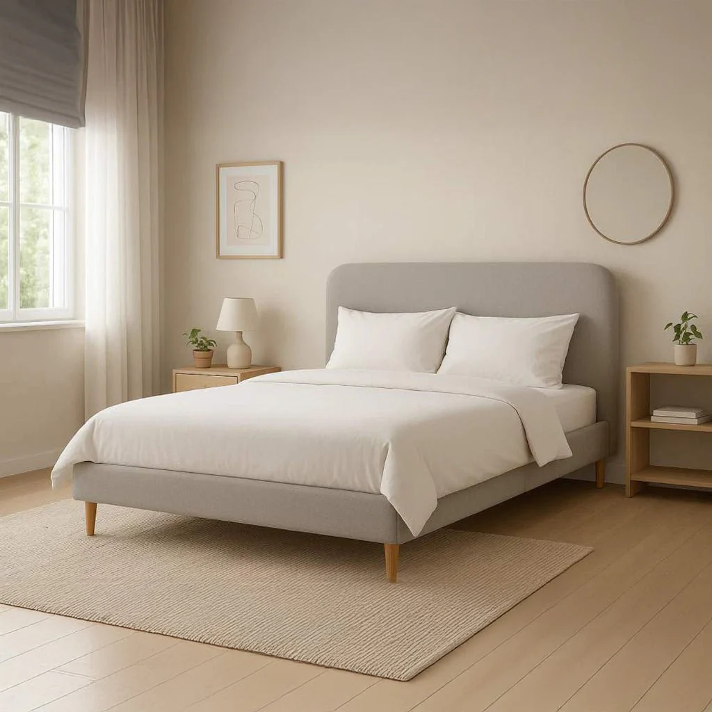 Cama Tecido com Cabeceira Arredondada e Pés de Madeira Cru SERENA