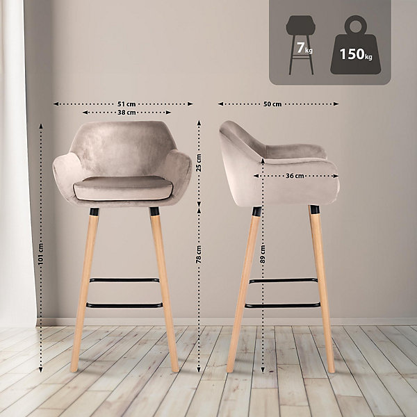 Lot de 2 tabourets de bar en velours, dossier Grant, structure bois, capacité à 150 kg Crème