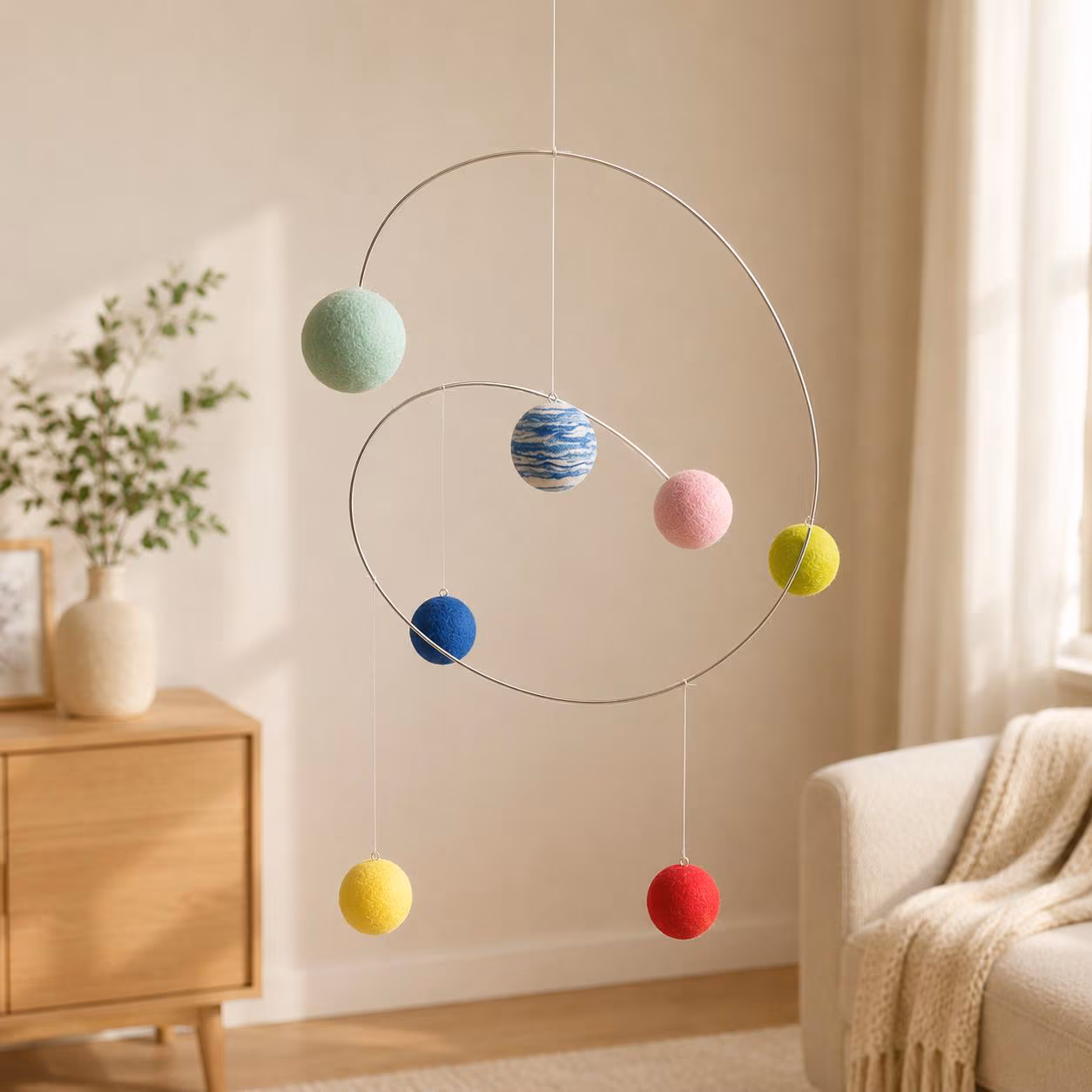 Handmade Kinetic Planets Mobile, Mid Century Modern Ceiling Decor, Baby Nursery Art