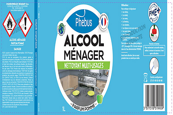 Alcool ménager nettoyant multi-usages Phebus parfum pomme 1L